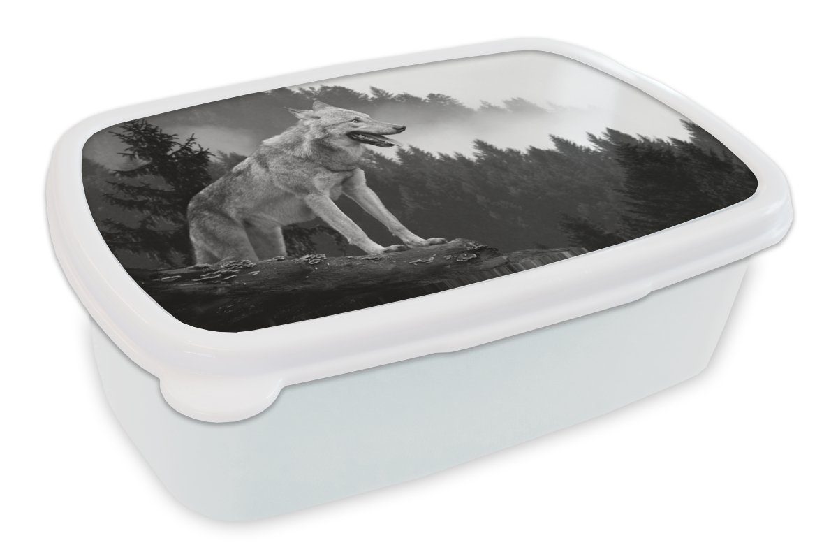 MuchoWow Lunchbox Wolf - Wald - Schwarz - Weiß, Kunststoff, (2-tlg), Brotbox für Kinder und Erwachsene, Brotdose, für Jungs und Mädchen