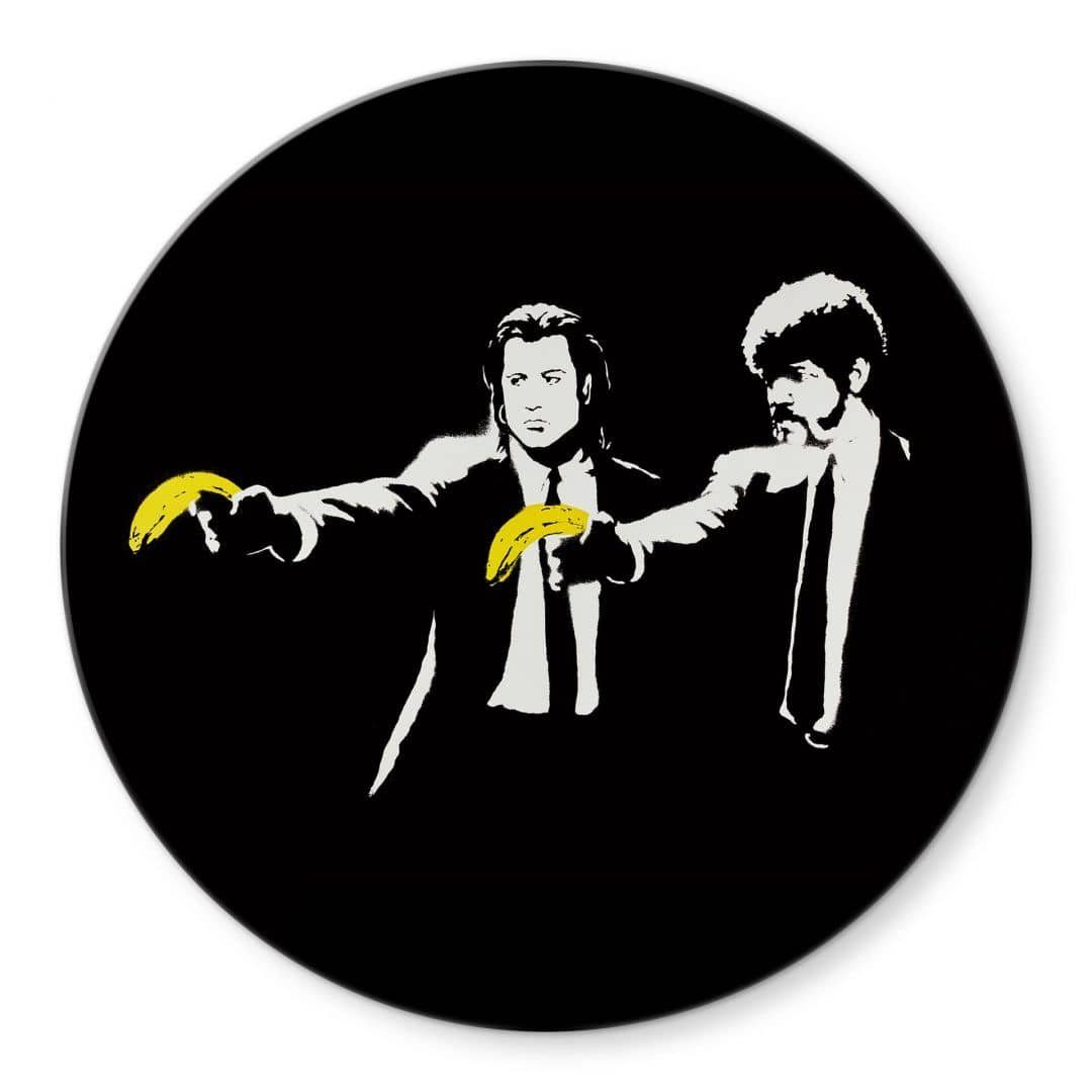 K&L Wall Art Glasbild Glas Wandbild Rund Glasbild Banksy Graffiti Street Art Pulp Fiction, Wandschutz Deko Bilder