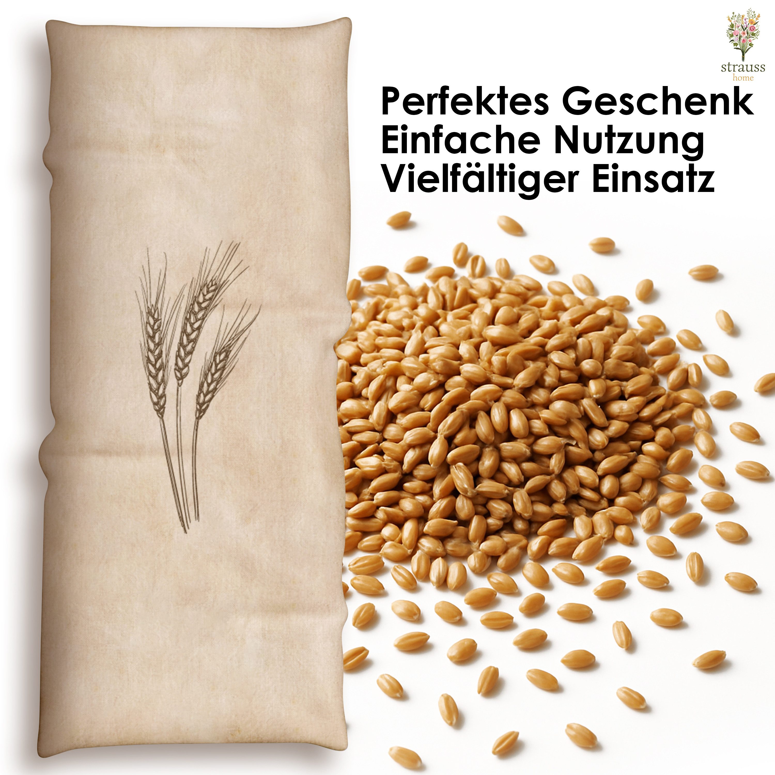 Strauss Home Large Heated Grain Pillow – Microwaveable, Natural Wheat Grains (1 piece), for neck tension and more – Removable cover