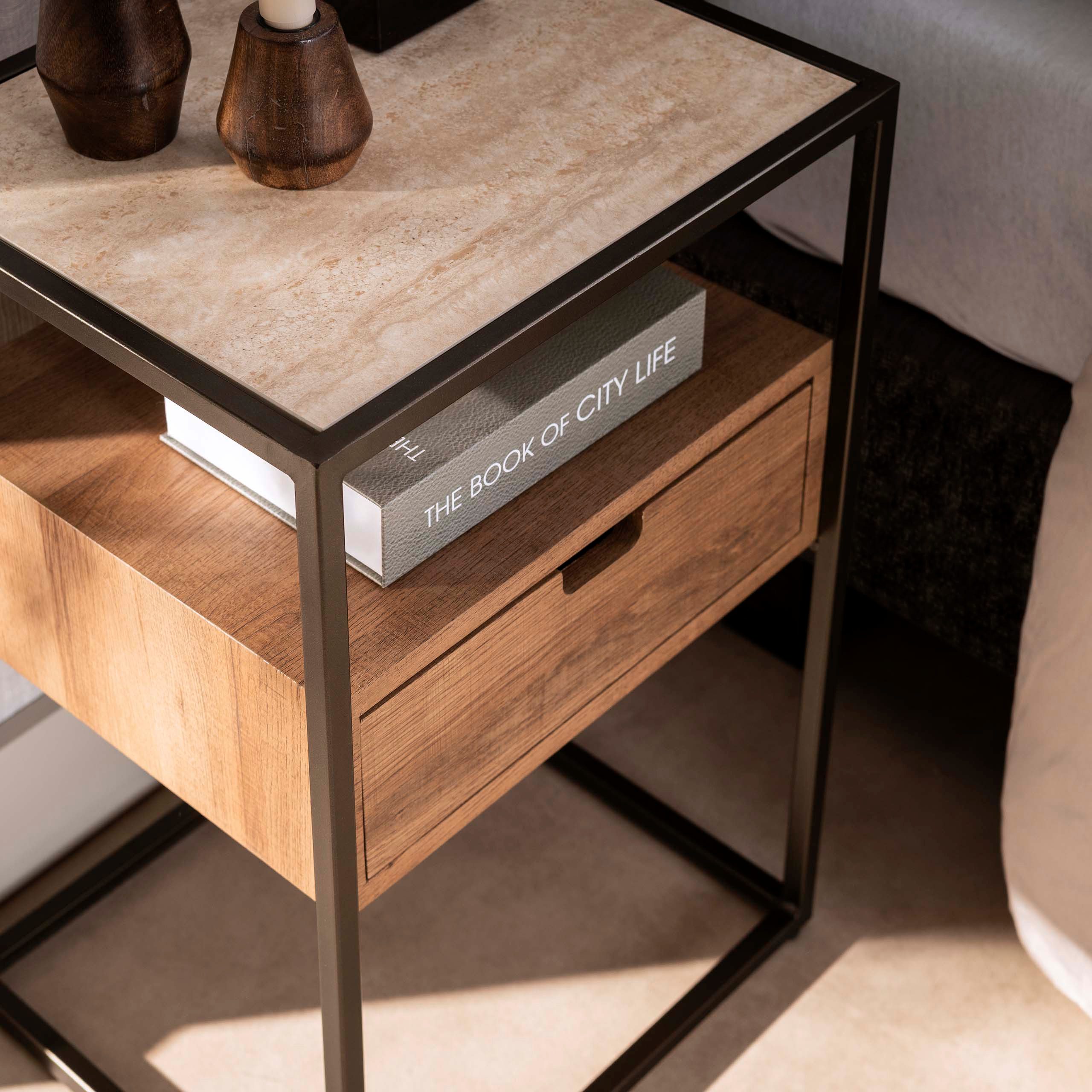 LEVEN Lifestyle Nachttisch ROBERTO Nachtkonsole Nachtschrank mit 1 Schublade Travertin Look, Tischplatte aus Keramik im Travertin Look