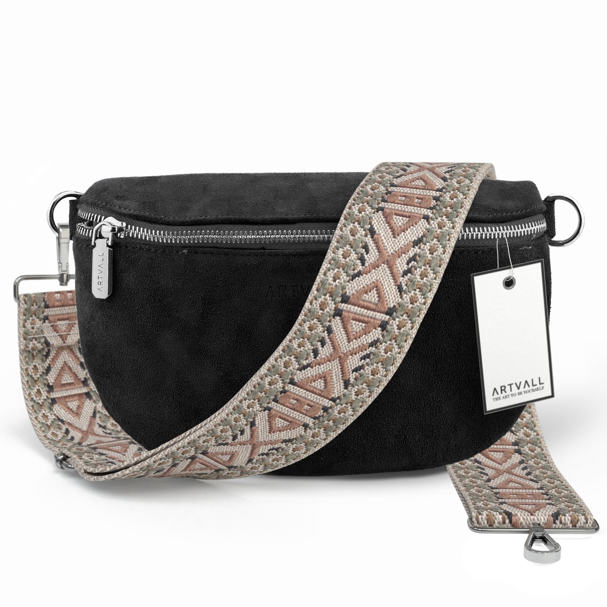 ARTVALL Umhängetasche Wildleder Handtasche Damen Brusttasche Schwarz (Tasche inkl. Taschenband), Wildleder Bauchtasche mit Reißverschluss breites Schulterband Klein
