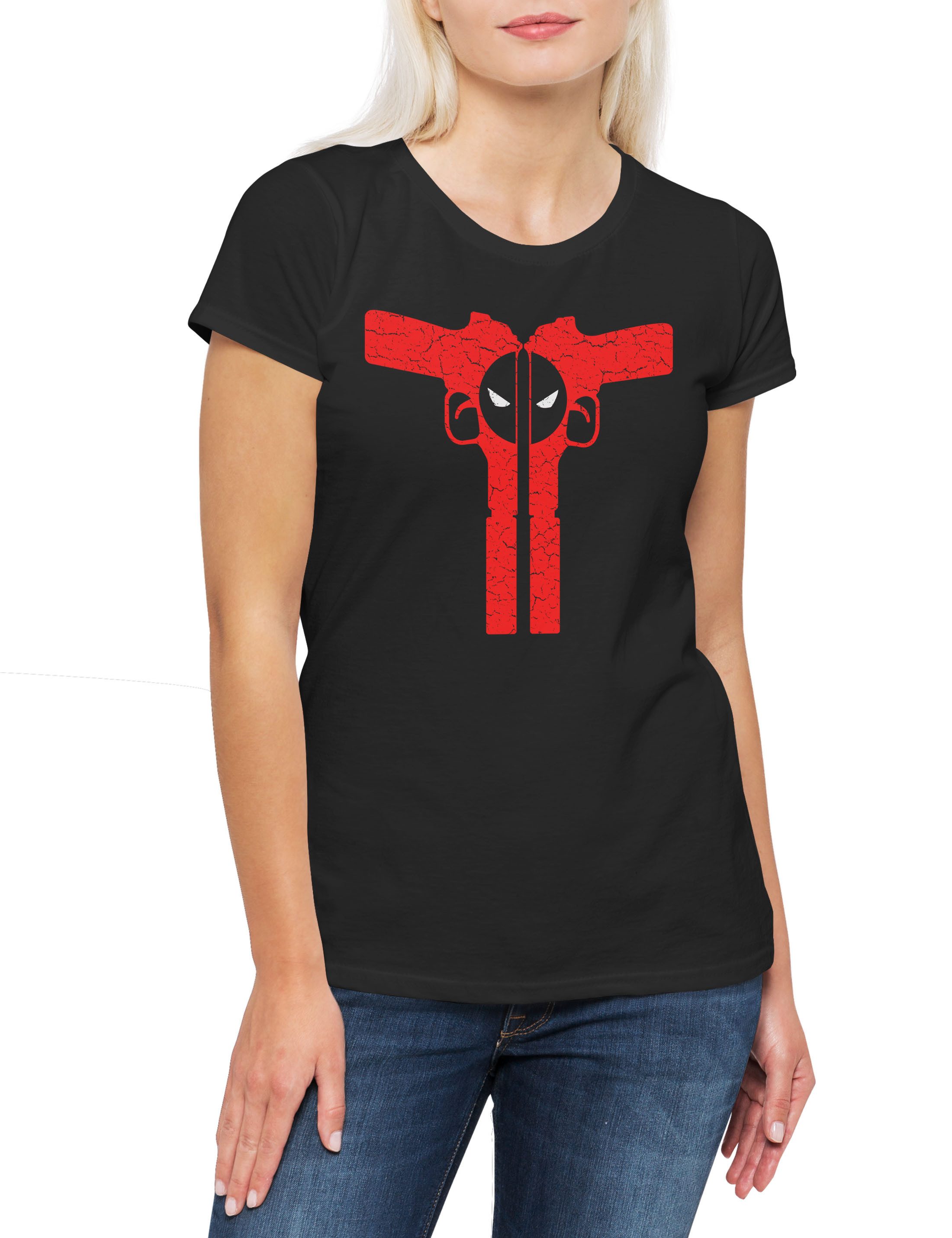 Urban Backwoods Print-Shirt Mutant Gun Silencer Damen T-Shirt Vigilante Skull Punisher Logo Symbol (1-tlg) Sign Superhero Deadpool Superheld