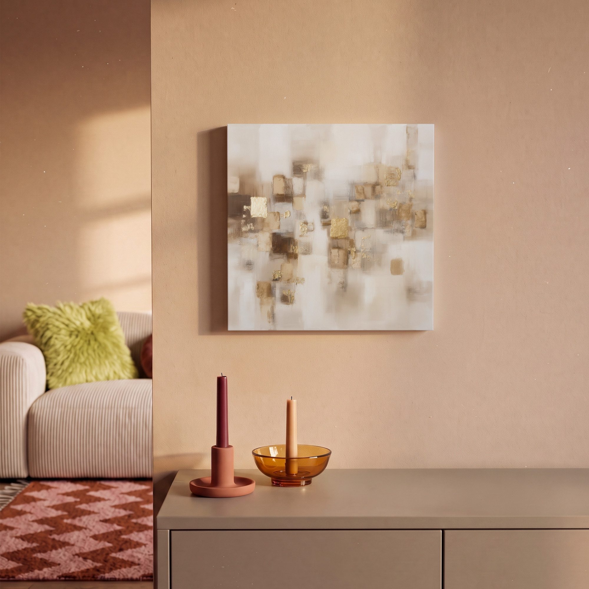 OneMillionCanvasses® Leinwandbild Abstrakte Quadrate - Erdtöne - Neblig, Fotodruck (1 St), Leinwand Bilder Klein, Wand Dekoration Aesthetic 30x20 cm – Bild 2 von 5
