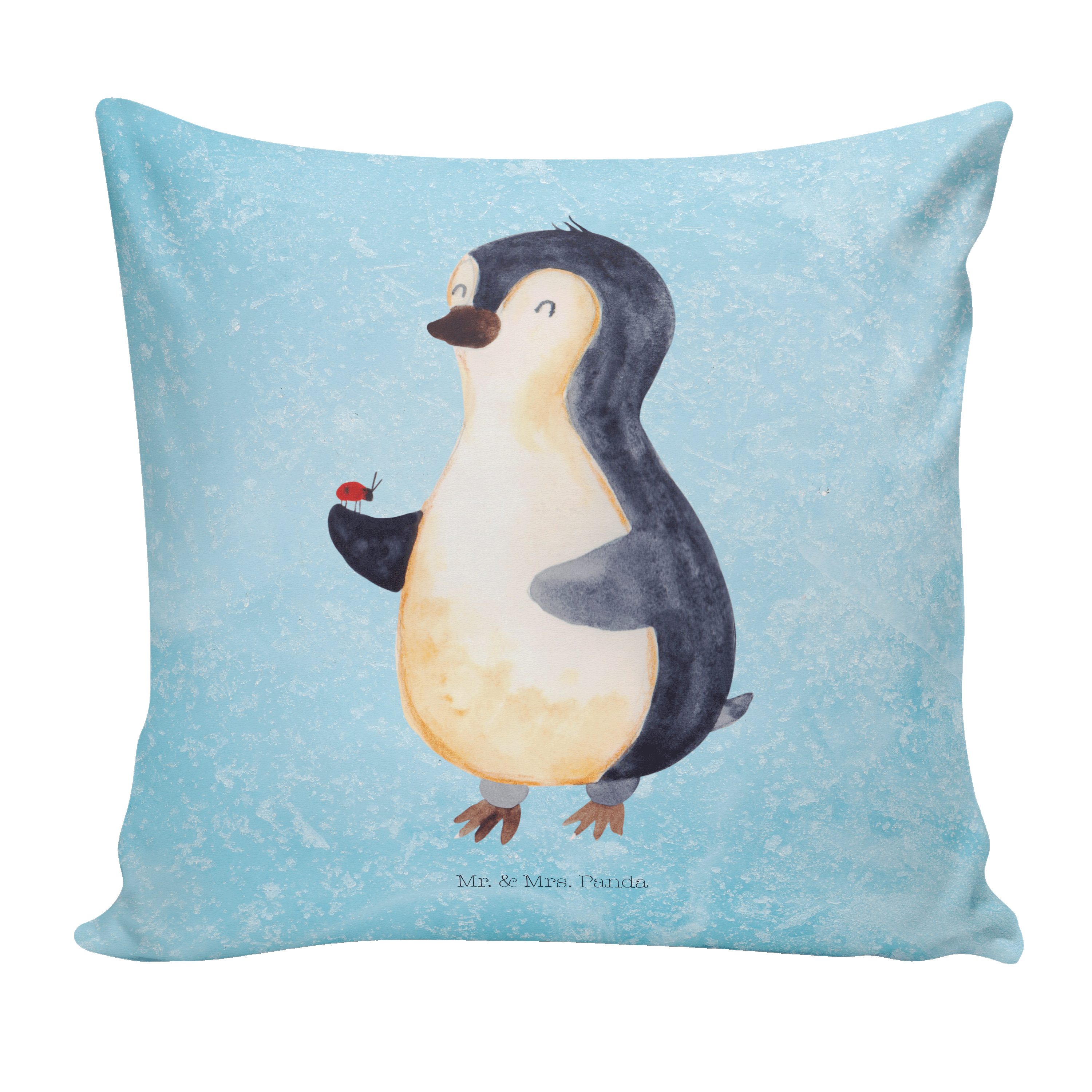 Mr. & Mrs. Panda Dekokissen Pinguin Marienkäfer - Eisblau - Geschenk, aufmerksam, Kopfkissen, Pin