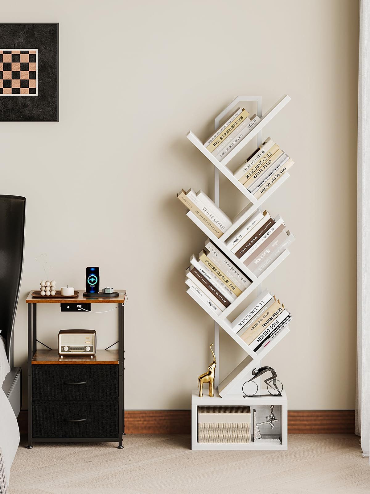 ODK Bücherregal in baumförmiger Optik, 6 offene Regale in Schwarz/Weiß, 1-tlg., Ideal für Wohnzimmer & Schlafzimmer