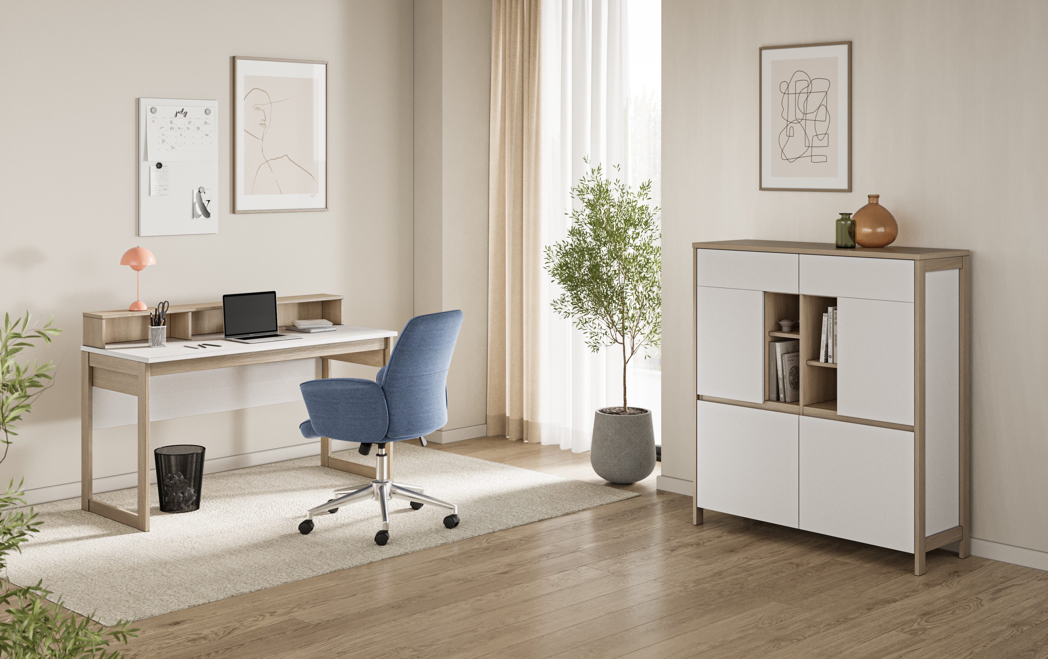 Home affaire Büromöbel-Set Stranda im Scandi-Style, Home Office, Büro in zwei Farben verfügbar, (2-tlg), enthält Schreibtisch, Highboard