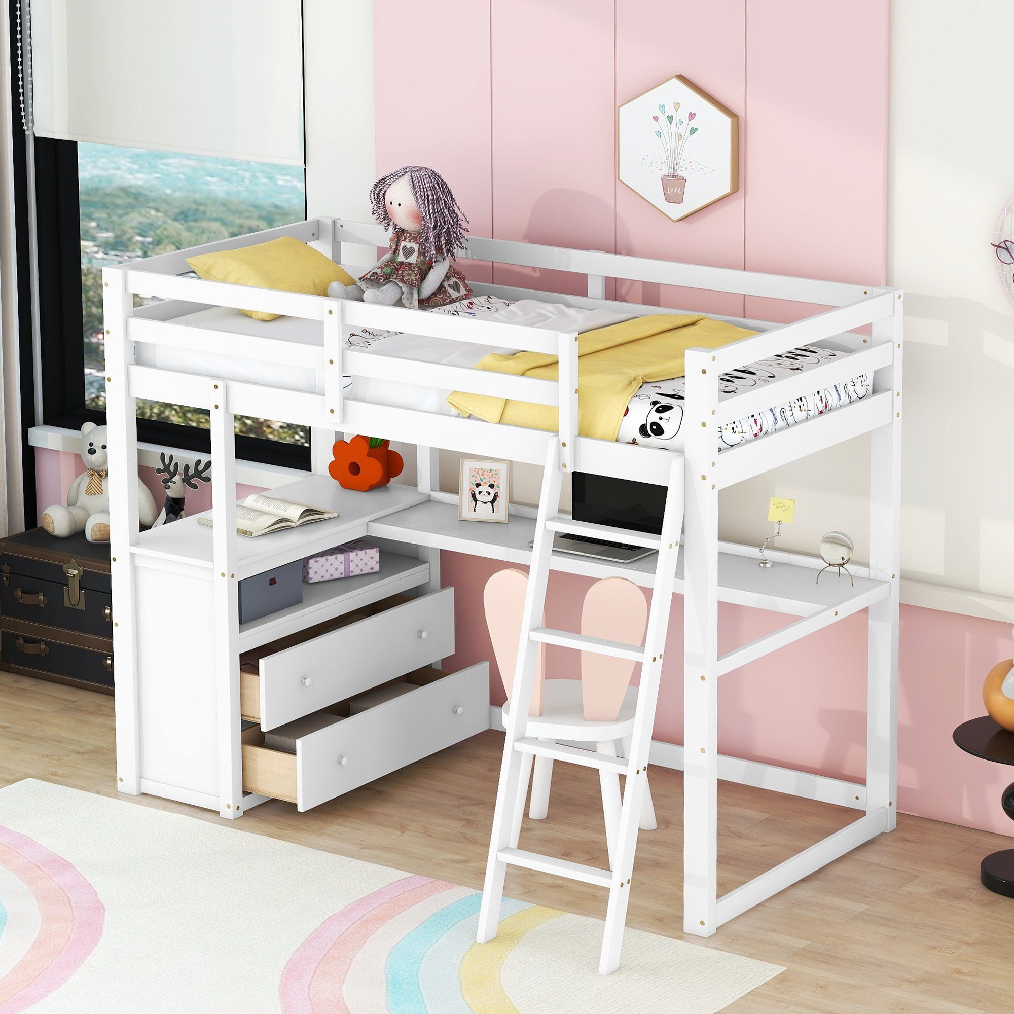 Ulife Hochbett Kinderbett Etagenbett mit Leiter, Schreibtisch & Schubladen 90 X 200 cm Weiß | Weiß | Weiß