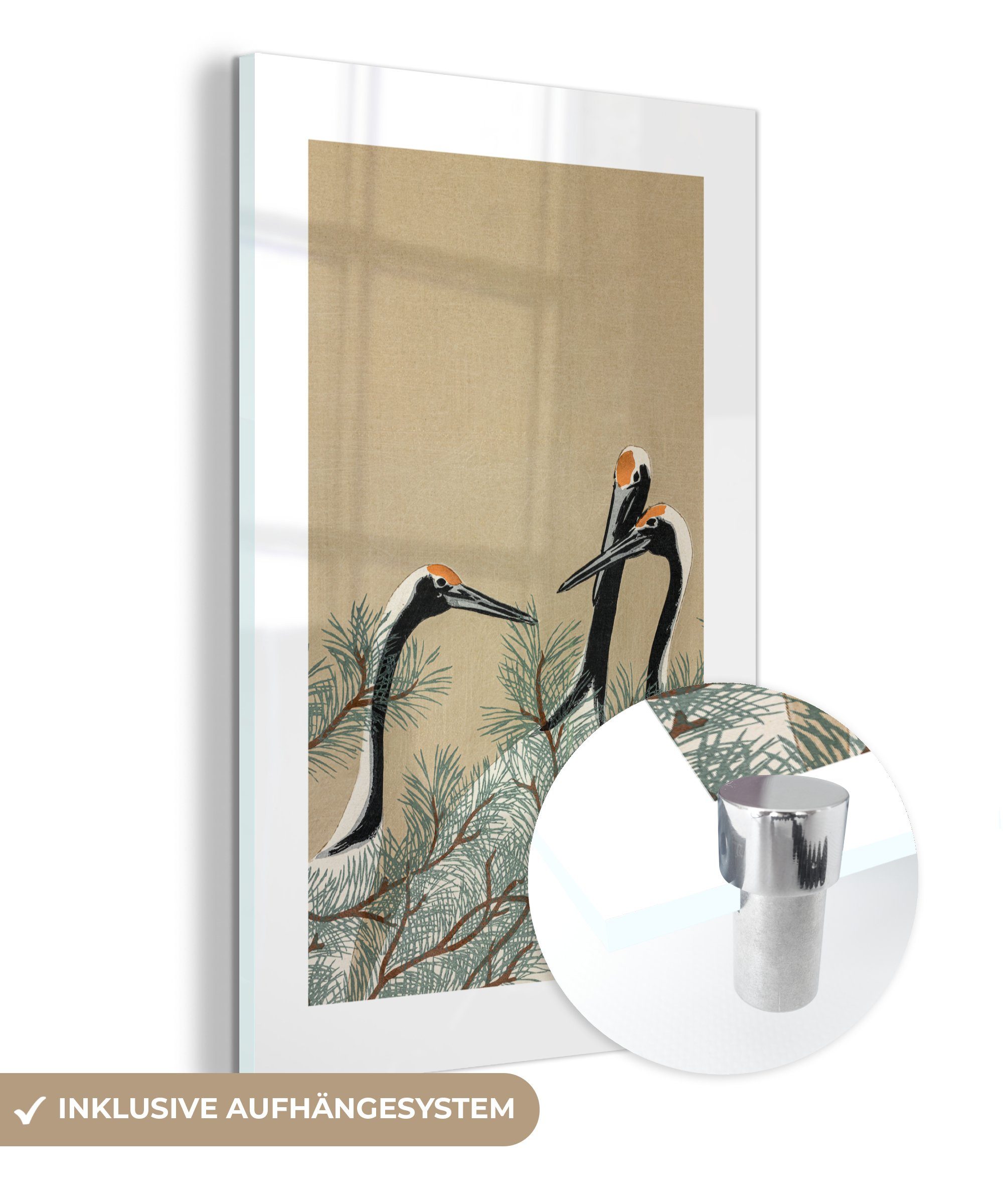 Wandbild Japandi - - - Acrylglasbild - Zweig, Bilder Kranich St), Glasbilder Wanddekoration (1 Glas Glas auf - Foto - Blätter auf MuchoWow