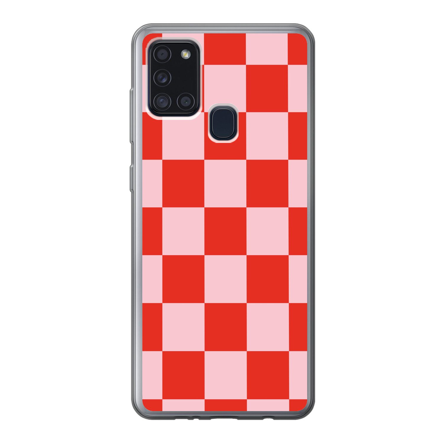 MuchoWow Handyhülle für Samsung Galaxy A21s Schachbrettmuster - Rot - Rosa - Würfel, Smartphone-Bumper, Print, Handy Schutzhülle Dünn