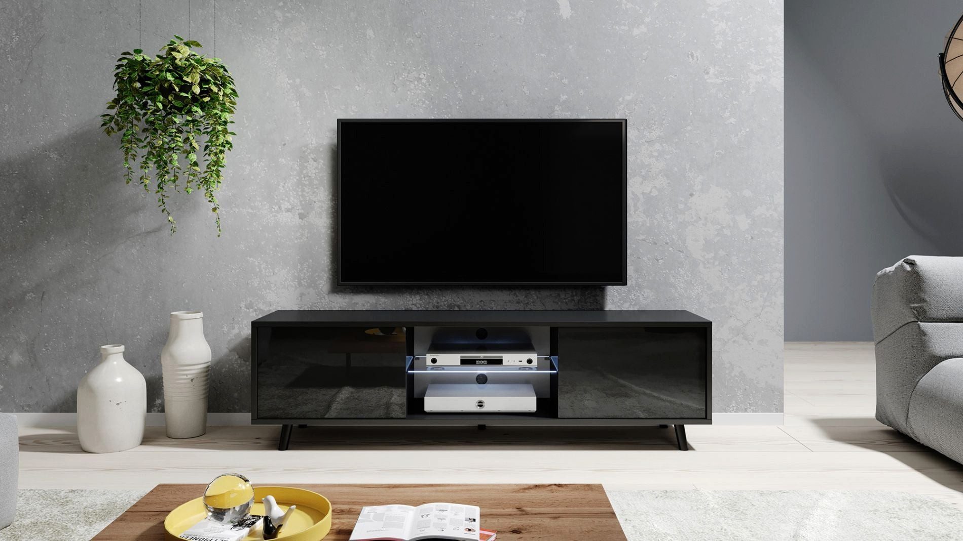 Selsey TV-Schrank LEFYR TV-Lowboard 140 cm, schwarz, mit LED-Beleuchtung und Glaseinlegeböden