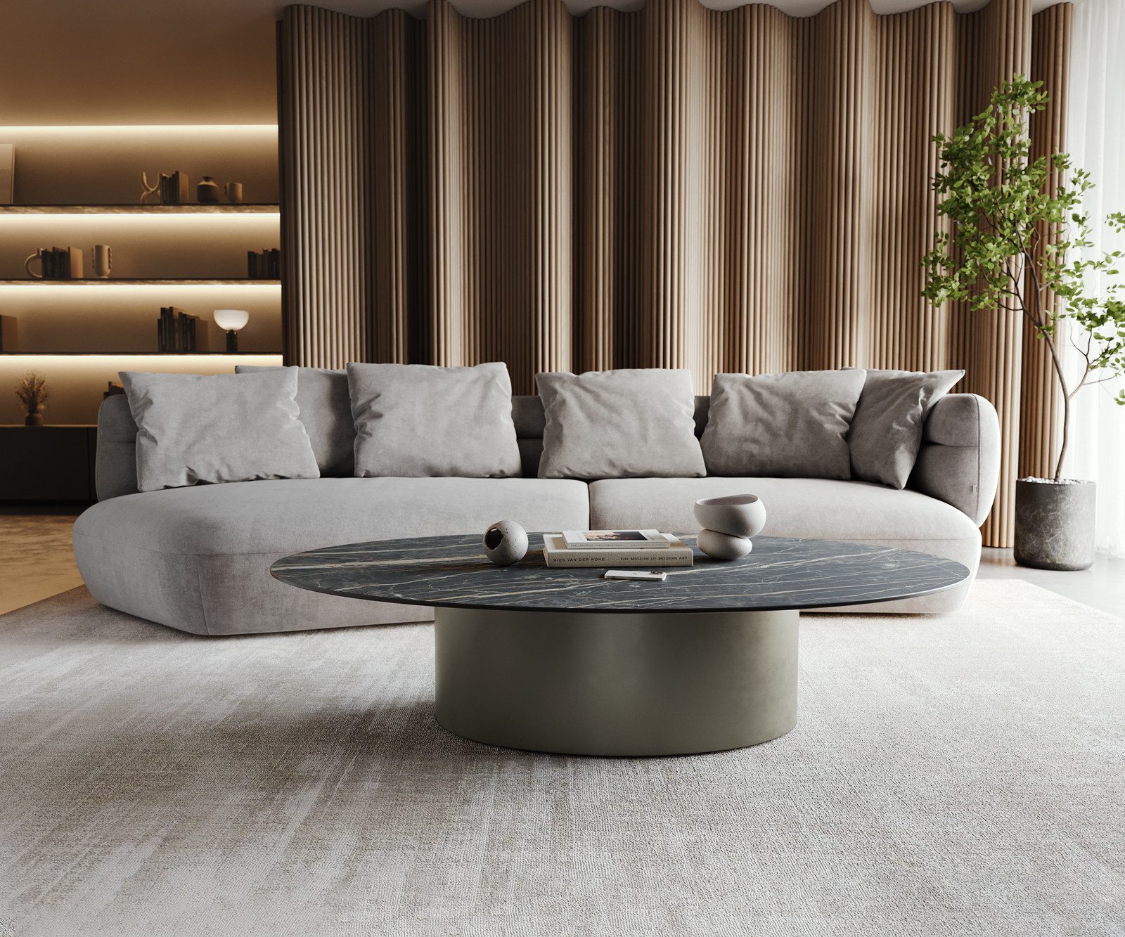 DELIFE Couchtisch Casilda, Keramik Laminam®Noir Desir Braun 150x90 cm Mittelfuß Effektfinish Tita