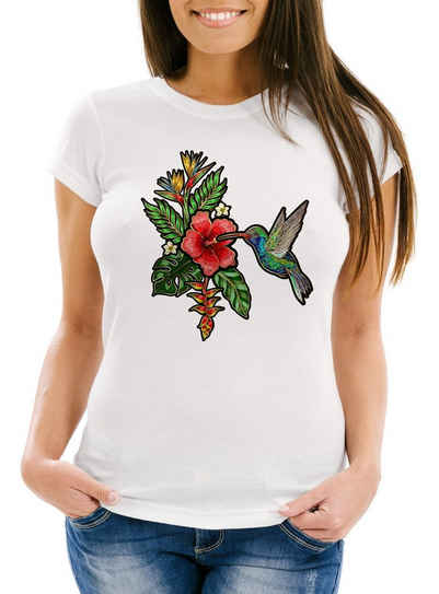 Neverless Print-Shirt Damen T-Shirt Tropical Kolibri Vogel Palmblätter Sommer Stick-Patch-Optik Hummingbird Slim Fit tailliert Baumwolle Neverless® mit Print