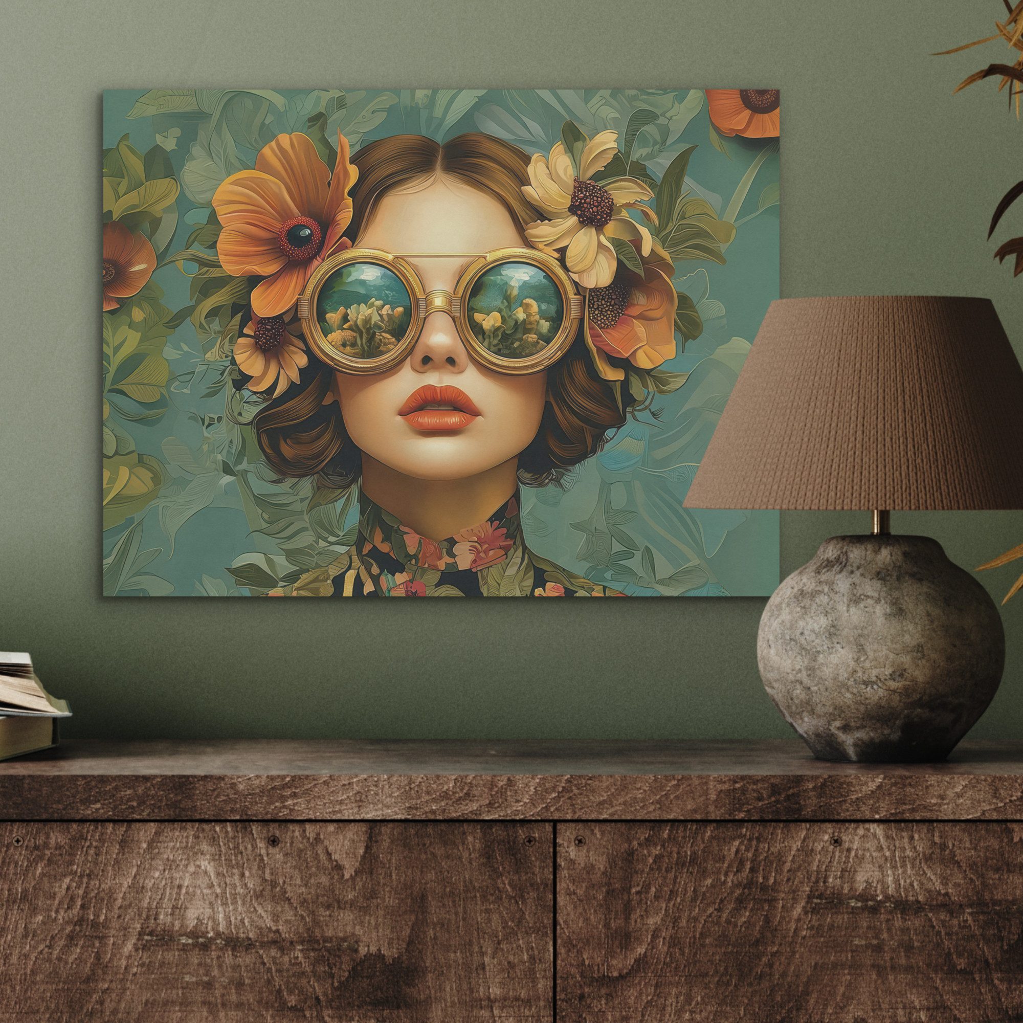 MuchoWow Gemälde Frau - Blumen - Schmetterlinge - Natur - Vintage, Fotodruck (1 St), Akustikpaneele PET-Filz, Akustikbild, Schalldämmung, Deko 40x30 cm