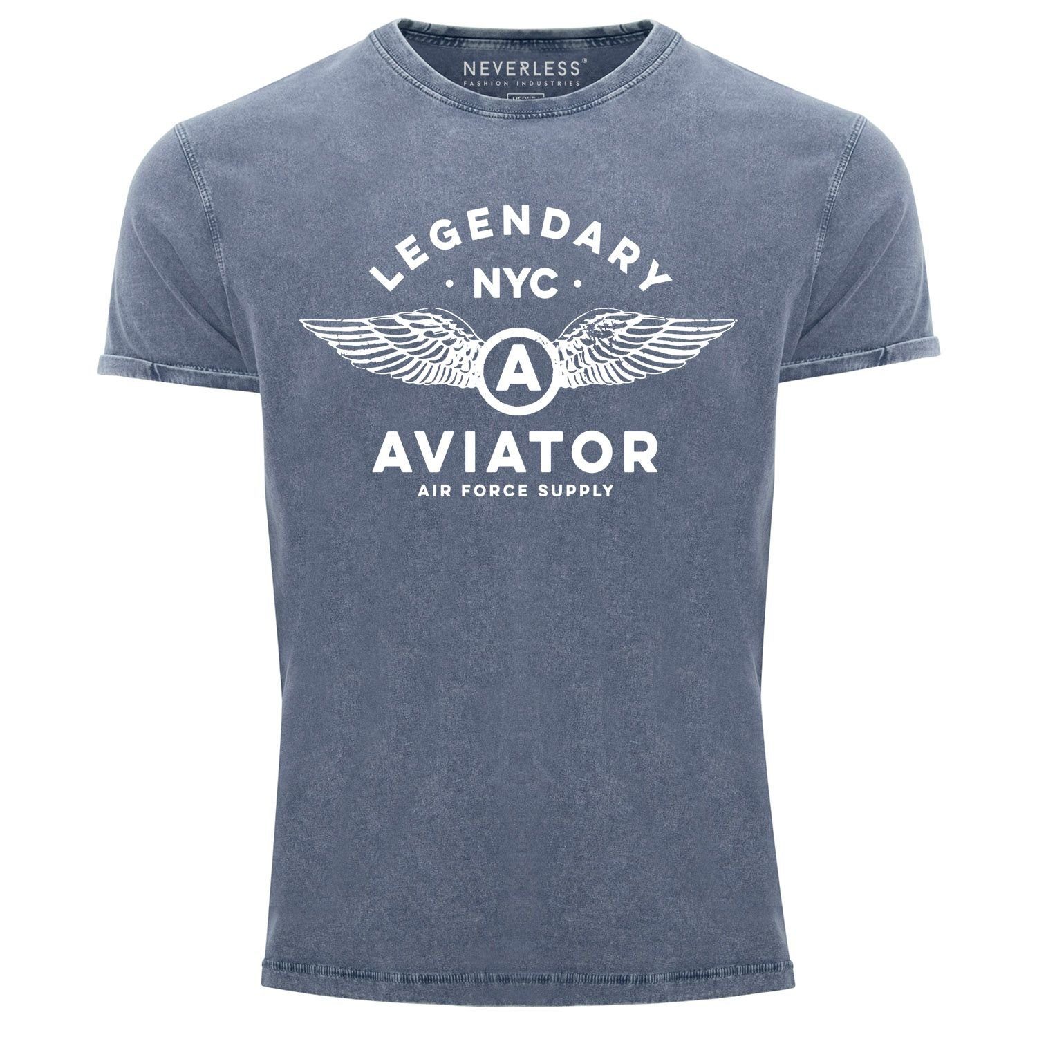 Neverless Print-Shirt Herren Vintage Shirt Legendary NYC Aviator Air Force Luftwaffe Flügel Printshirt Used Look Slim Fit Neverless® mit Print blau