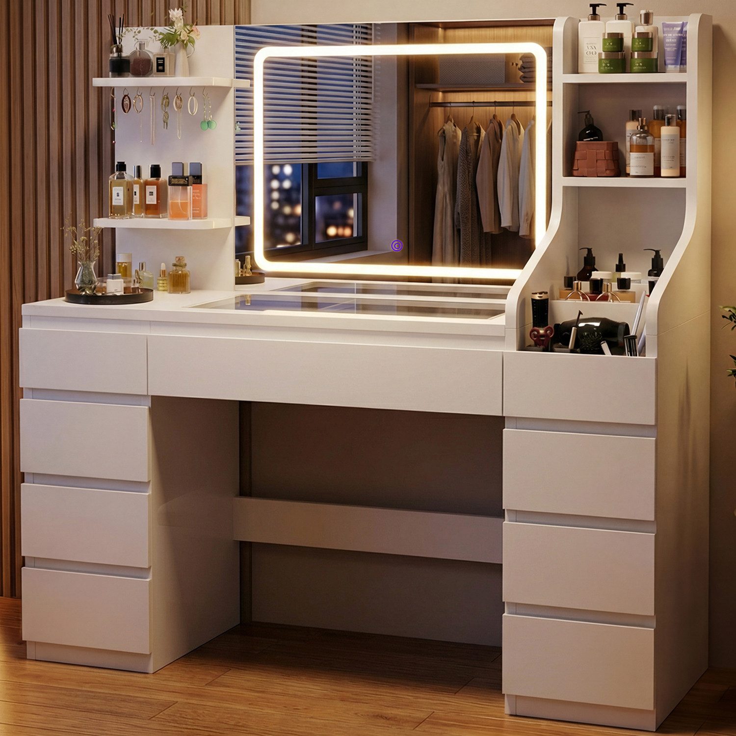 HOMALL Schminktisch Dreifarbiger, LED-beleuchteter Schminktisch Extra großer Stauraum (Maße: 135 × 40 × 137 cm, Arbeitsplatte aus gehärtetem Glas, mit 7 offenen Ablagefächern + 9 Schubladen, 2 Steckdosen + 1 USB-Anschluss + 1 Typ-C-Anschluss, Halterung fü