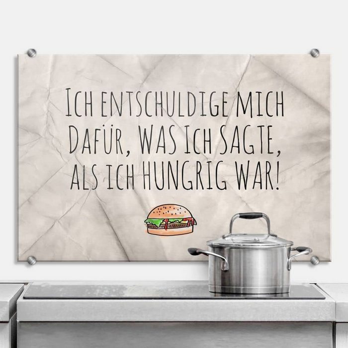 K&L Wall Art Gemälde Wandschutz Bild Glas Spritzschutz Küche lustiger Spruch Schriftzug hungrig Küchenrückwand montagefertig