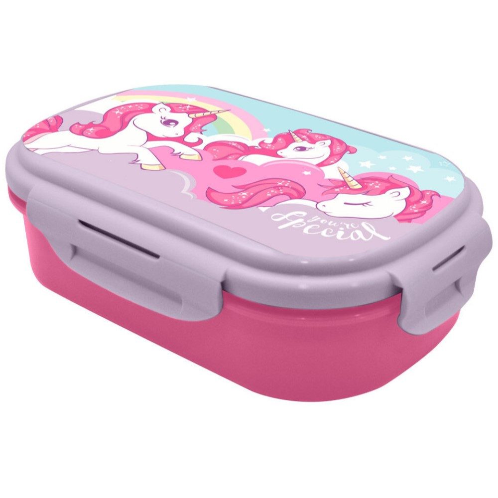 Kids Euroswan Lunchbox Einhorn Brotdose mit Besteck drei Einhörner mit einem Regenbogen