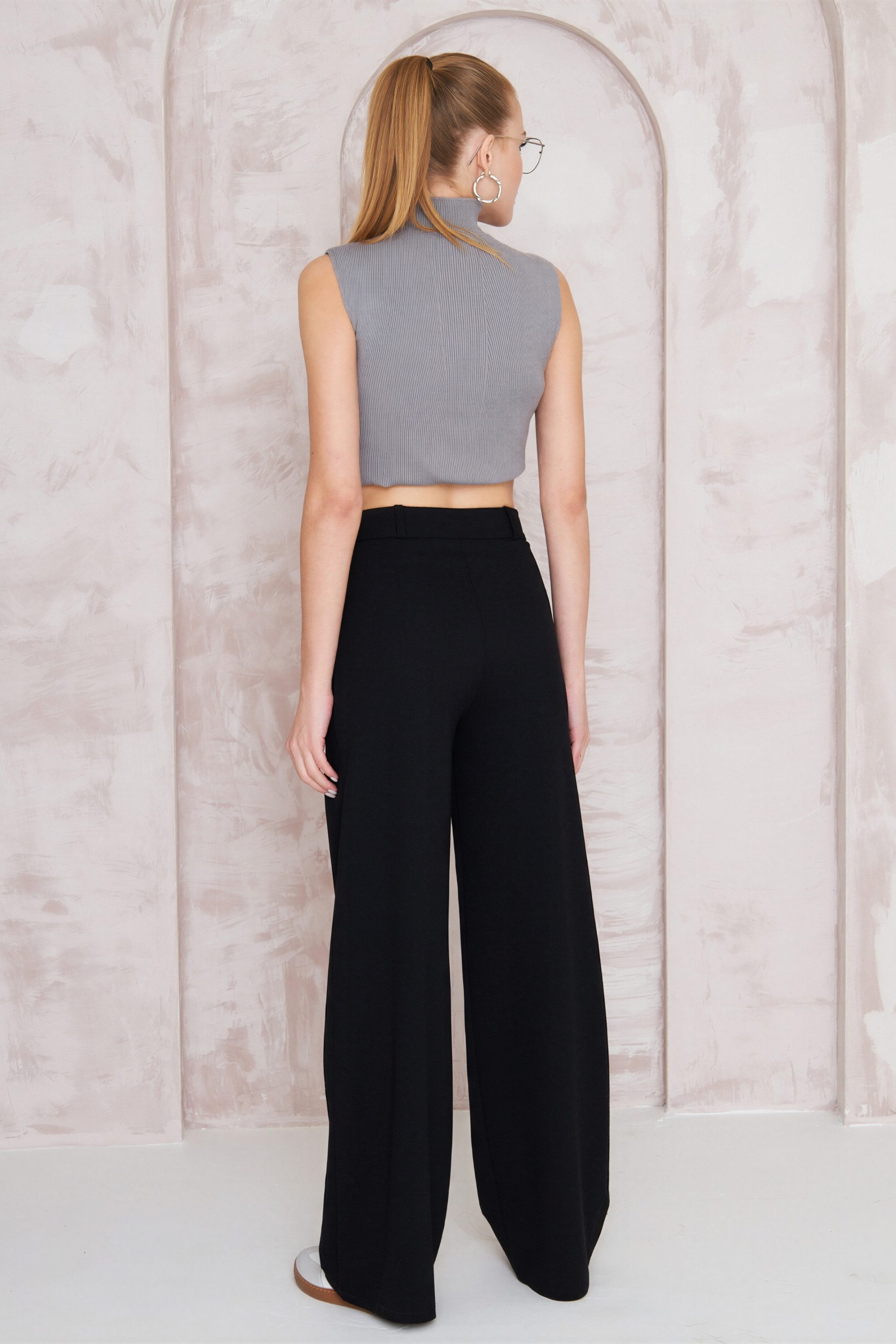 fashionshowcase Palazzohose Damen Stoffhose Marlenehose mit elastischem, hohem Bund knitterfrei, weites Bein, elastischer Bund