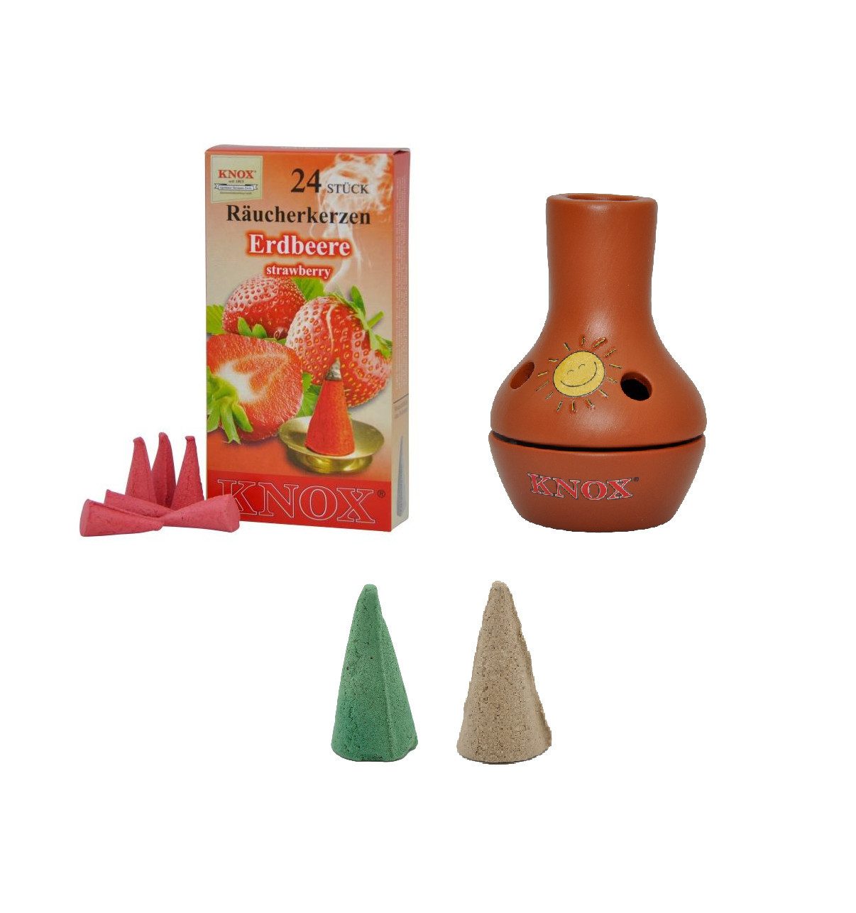 KNOX Duftkerze Feuertopf Bunt + Melone und Vanille (XXL) + Erdbeere (M), Räuchergefäß Topf im Set - perfekt für jede Gartenparty
