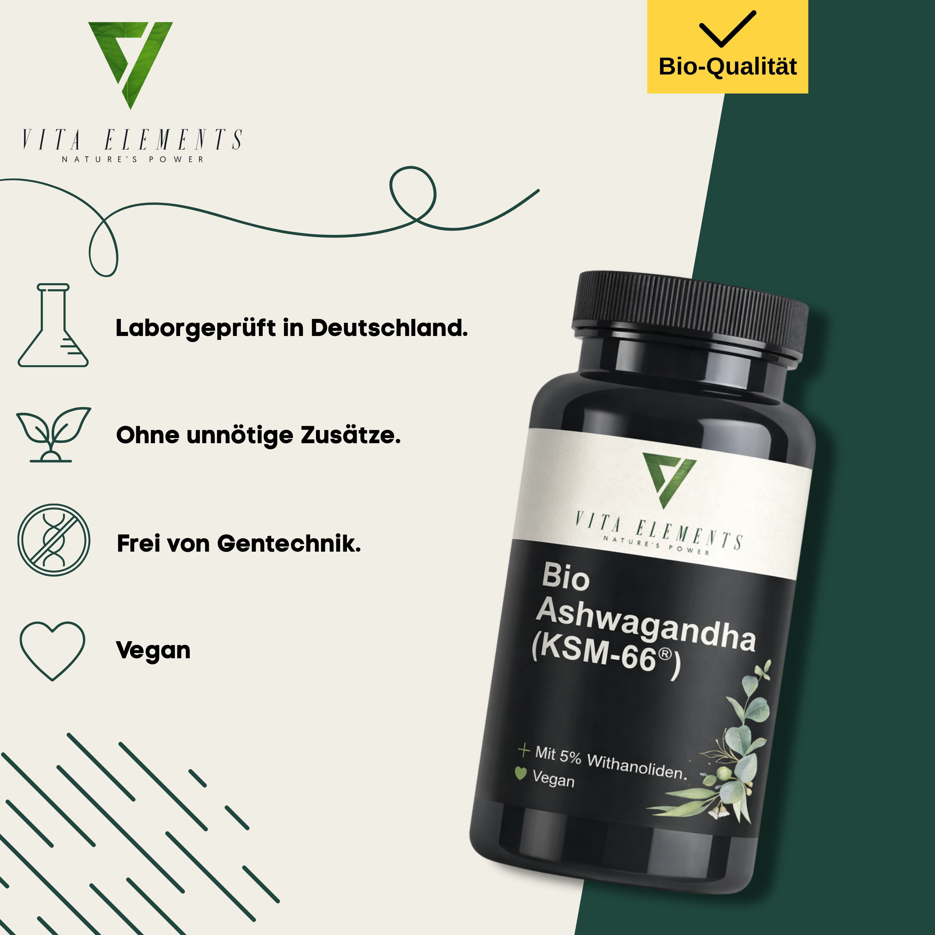 Vita Elements Bio Ashwagandha (KSM-66) Kapseln, 180 St., Vegan Frei von Gentechnik Ohne unnötige Zusätze Laborgeprüft