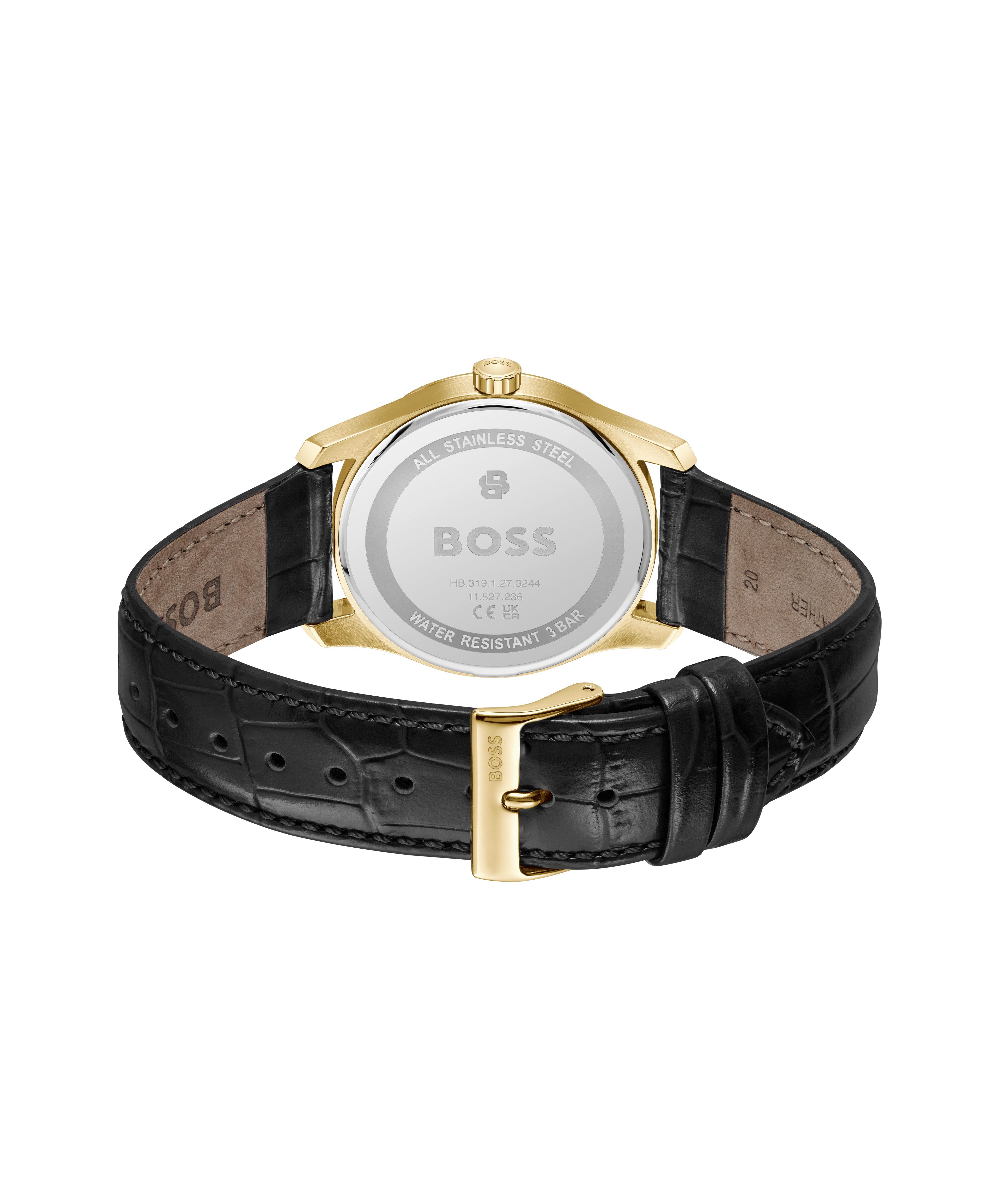 BOSS Quarzuhr PRINCIPLE 1514364, Armbanduhr, Damenuhr, Herrenuhr, Lederarmband, analog, Tag