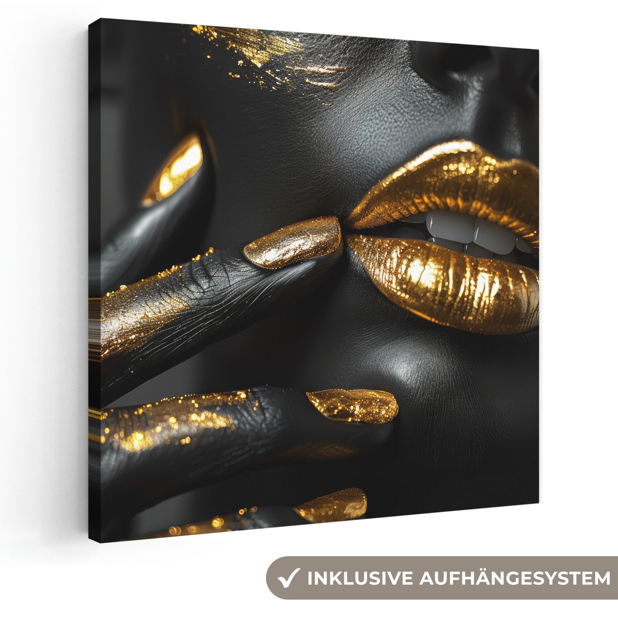 OneMillionCanvasses® Leinwandbild Lippen - Gold - Abstrakt - Schwarz - Frau, Fotodruck (1 St), Wandbild, Deko Schlafzimmer Wohnzimmer Flur 20x20 cm
