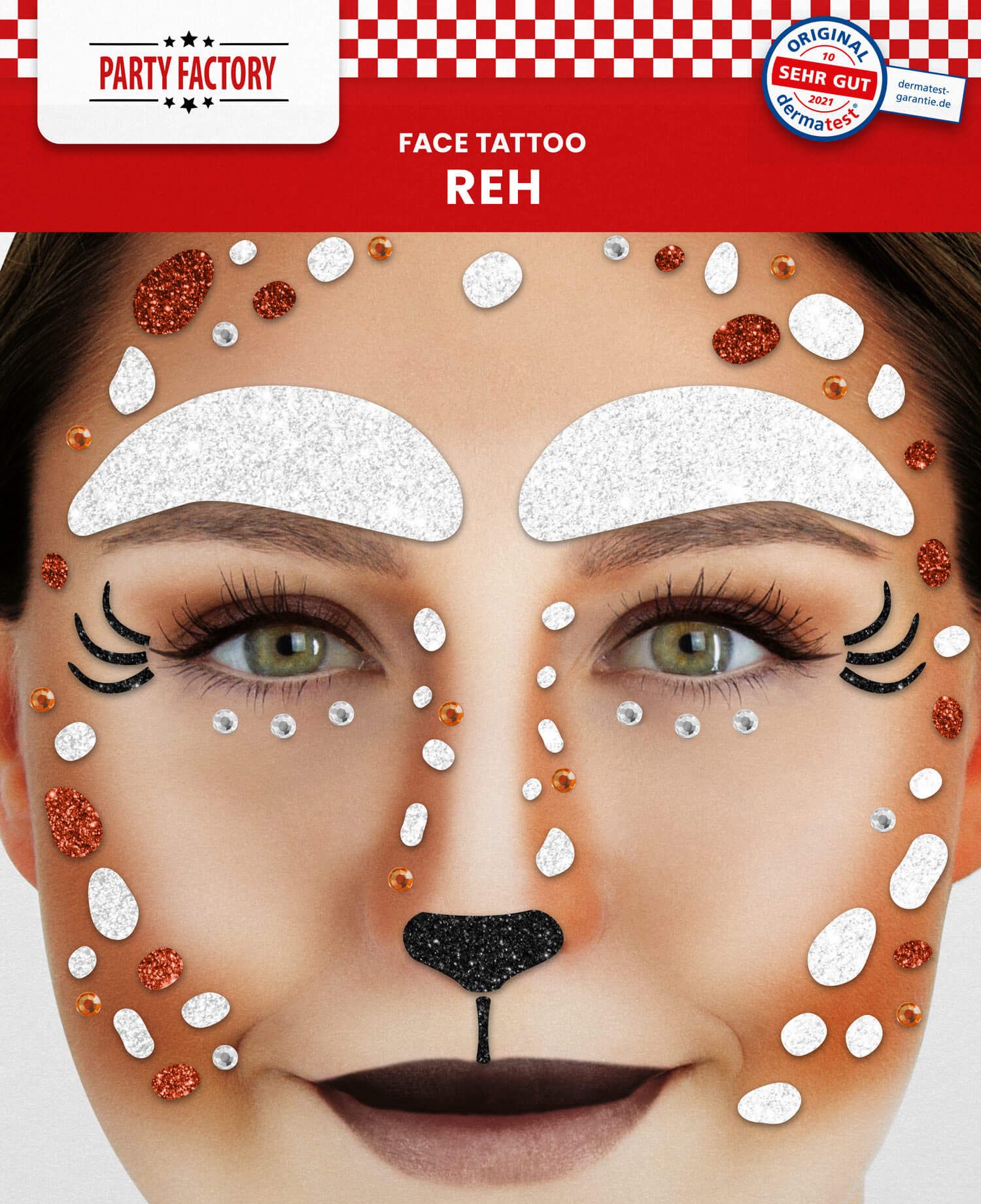 Party Factory Strass-Tattoo Gesichtstattoo Glitter Face Tattoo Glitzer Karneval Halloween Party, mit Glitzerelementen und Strass-Steinchen je nach Wahl