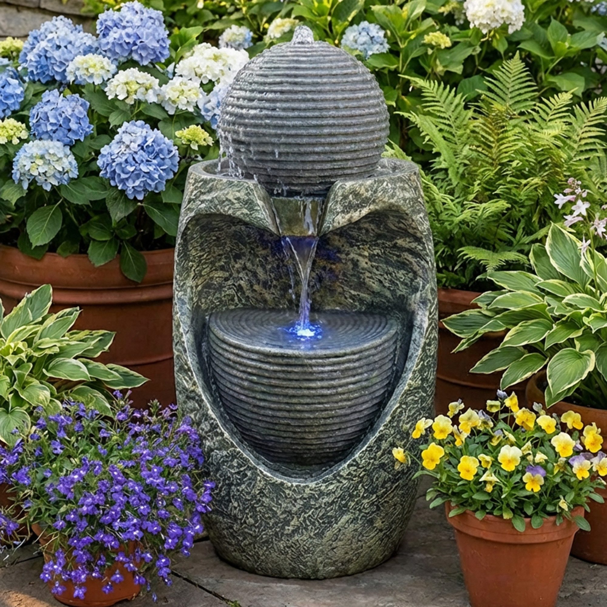 Köhko Gartenbrunnen „Steinquell Aura“ mit LED –Moderner Gartenbrunnen in Natursteinoptik