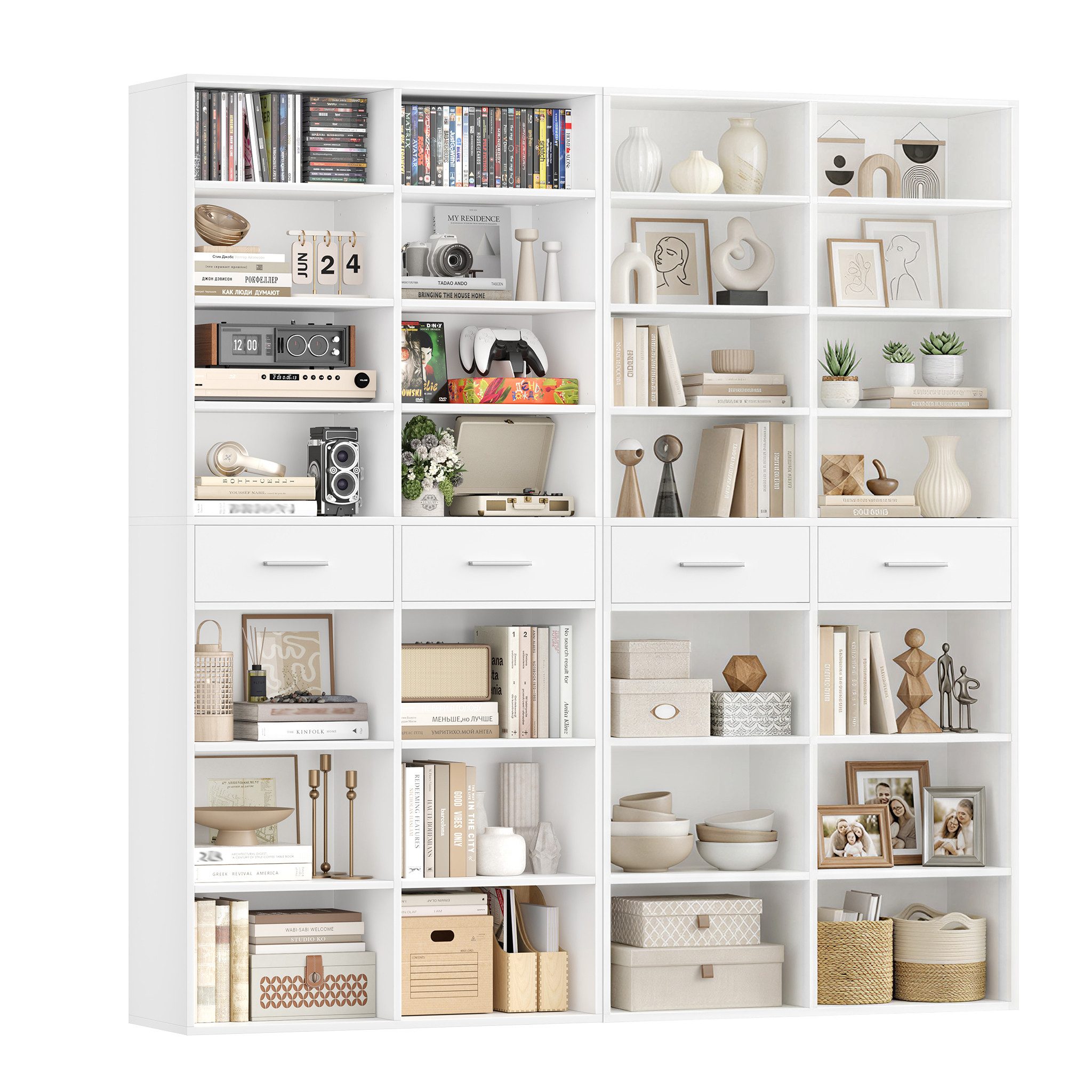 HOMECHO Bücherregal, 185,5 cm hoch Standregal mit 8 Ebenen und 2 Schubladen