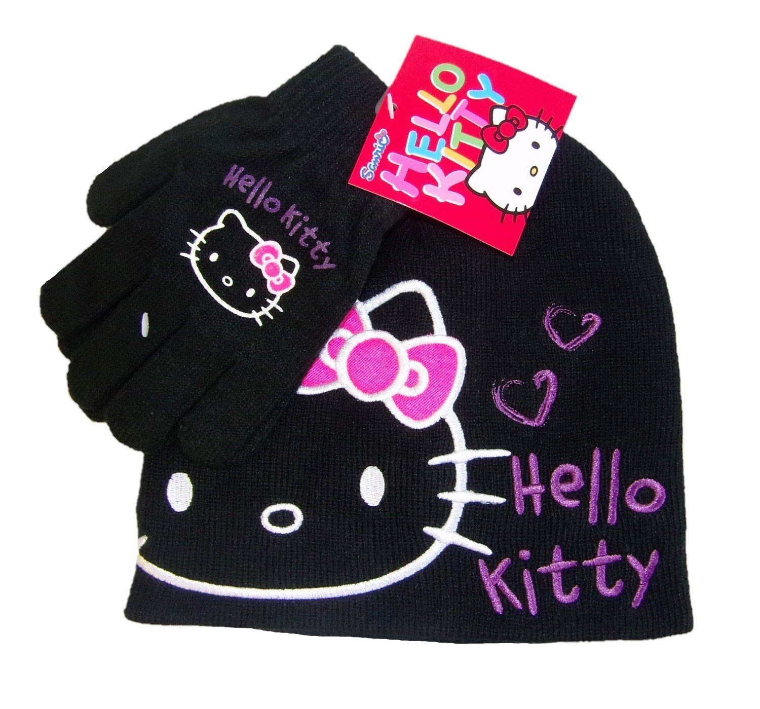 Sun City Strickmütze Hello Kitty Mütze-Handschuh Set für Mädchen Schwarz 52