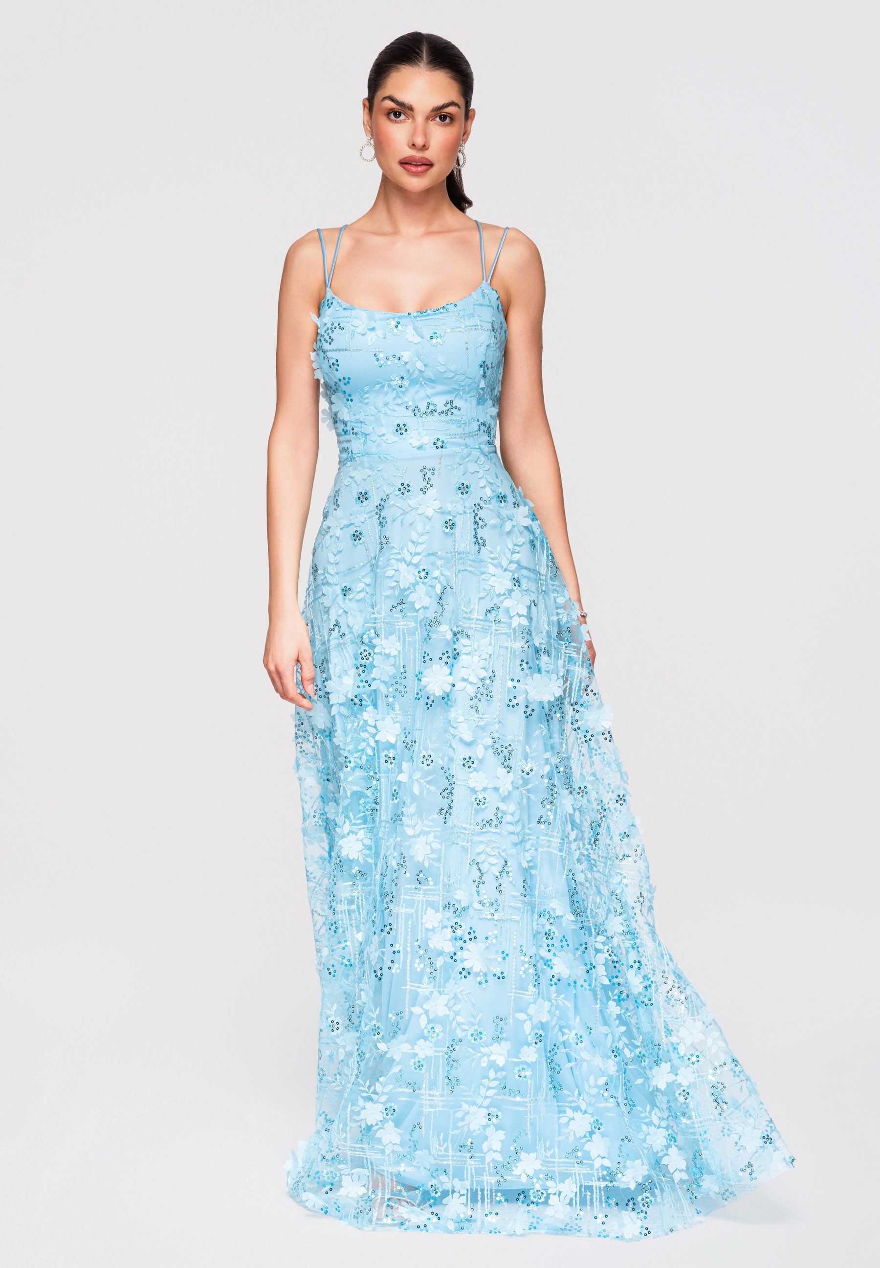 OMBRE Abendkleid Damen Maxikleid Abendkleid mit 3D-Applikationen Blau L (kein Set, 1-tlg) Rückenfreies Design, Korsettschnürung