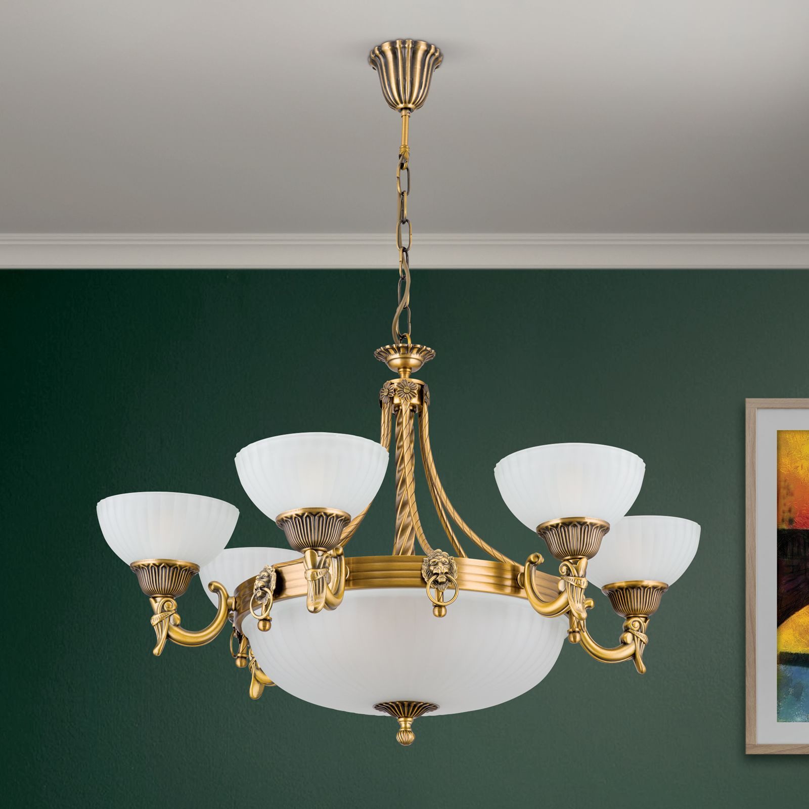 Licht-Erlebnisse Kronleuchter MARTA, ohne Leuchtmittel, Glas Metall H: 94 cm 75 cm breit in Bronze Weiß E27 Jugendstil