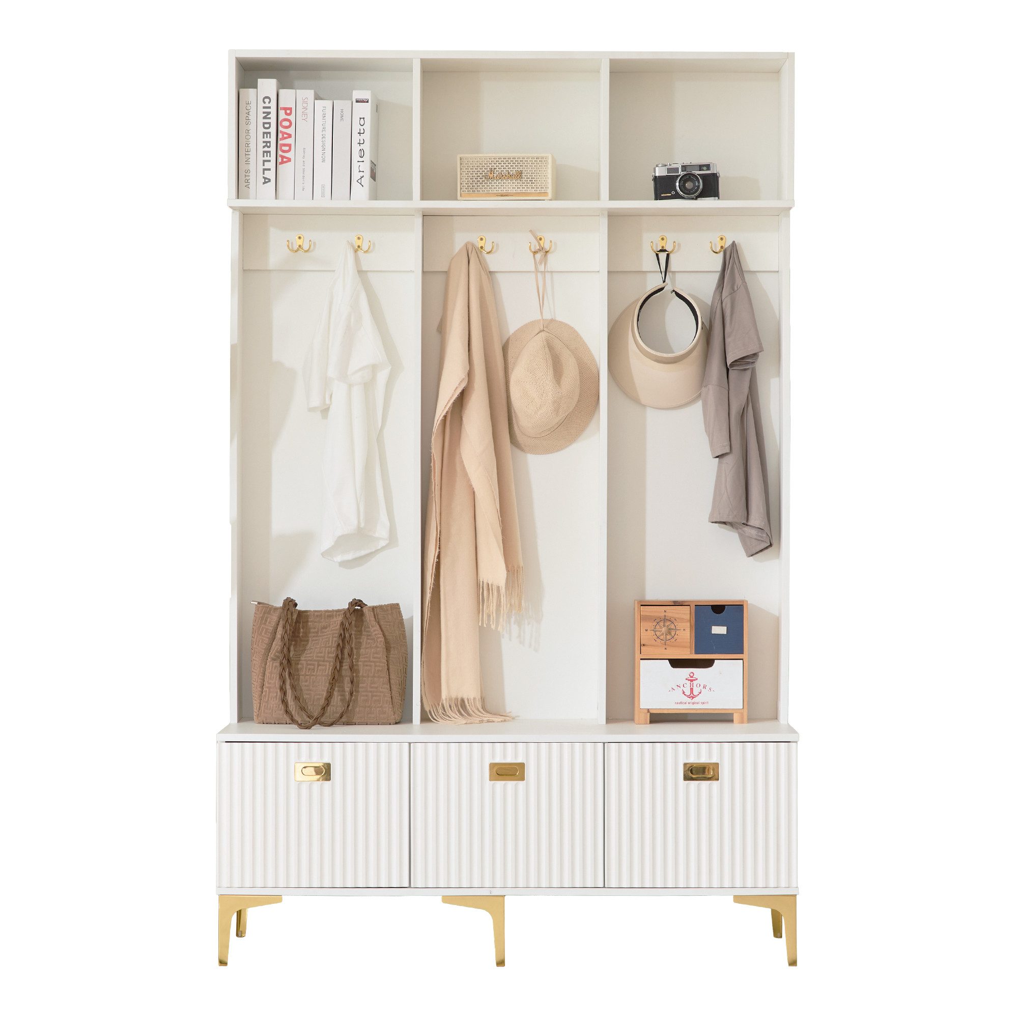 HAUSS SPOLE Garderoben-Set 120×40×191cm Kleiderschrank mit Bank,6 goldene Haken und Füße, Weiiß, (Flurgarderobe, Flur-Schuhschrank, Garderobe, 1-St., 6 Haken, 1 Tür), mit einer Bank, 6 Haken
