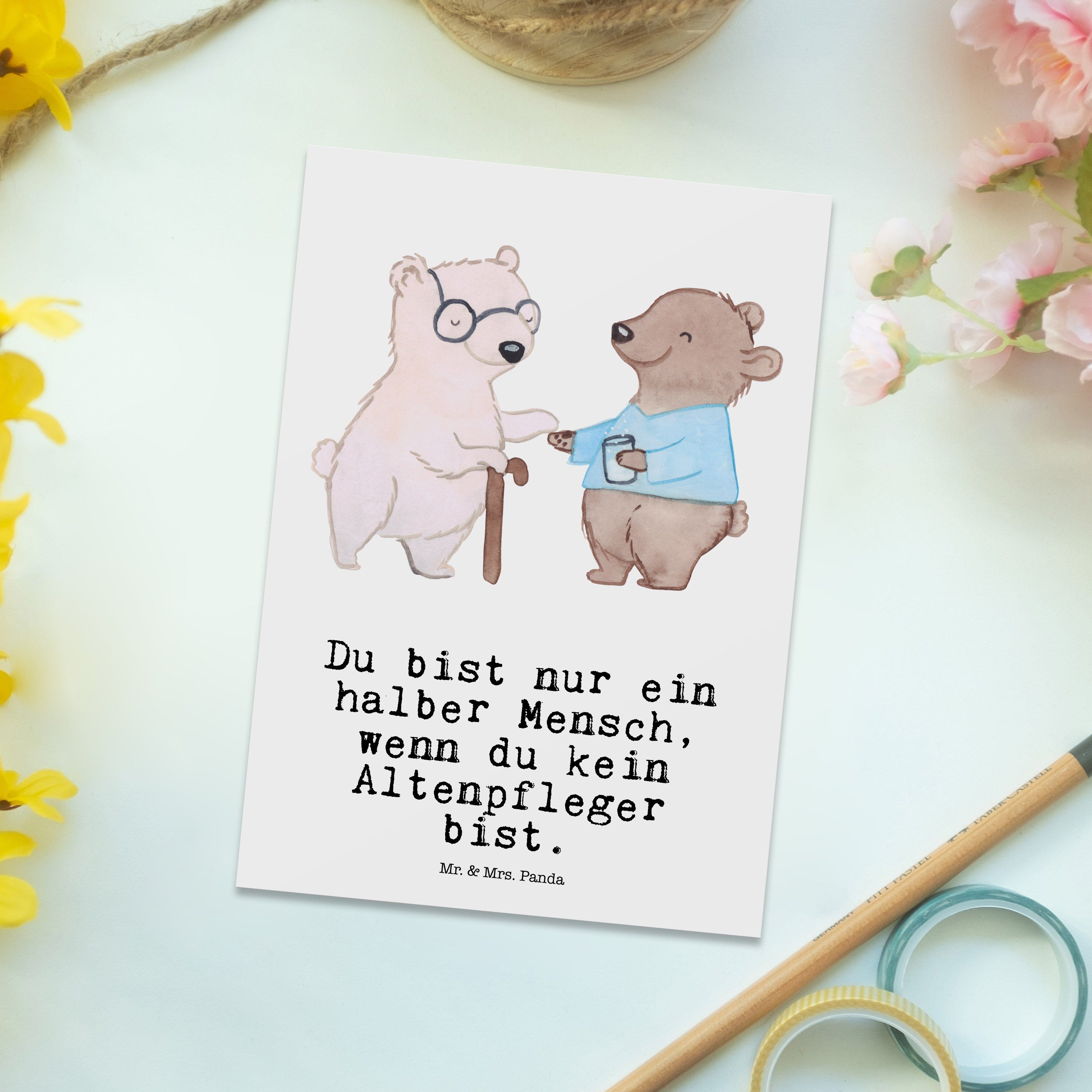 Altenheim Er Postkarte Mr. - Weiß Altenpfleger & Mrs. Arbeitskollege, Geschenk, Herz mit - Panda