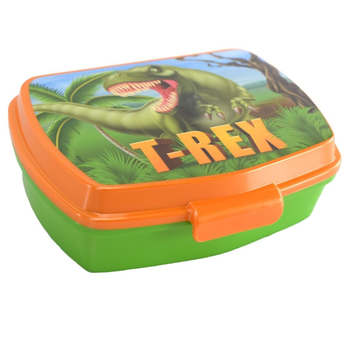 Stor Lunchbox Grün / Orangene Dinosaurier Lunchbox mit T-Rex Motiv 17,5 x 14 x 6 cm, Kunststoff, authentisches Design