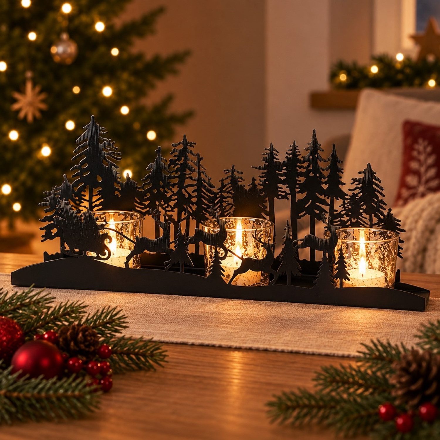 Online-Fuchs Kerzenständer Tannenwald - Kerzenhalter, Adventskranz für Teelichter & Stumpenkerzen (kann mit Tannenzweigen und Weihnachtskugeln ergänzt werden, Tischdeko), im Vordergrund ist der Weihnachtsmann mit seinem Rentiergespann