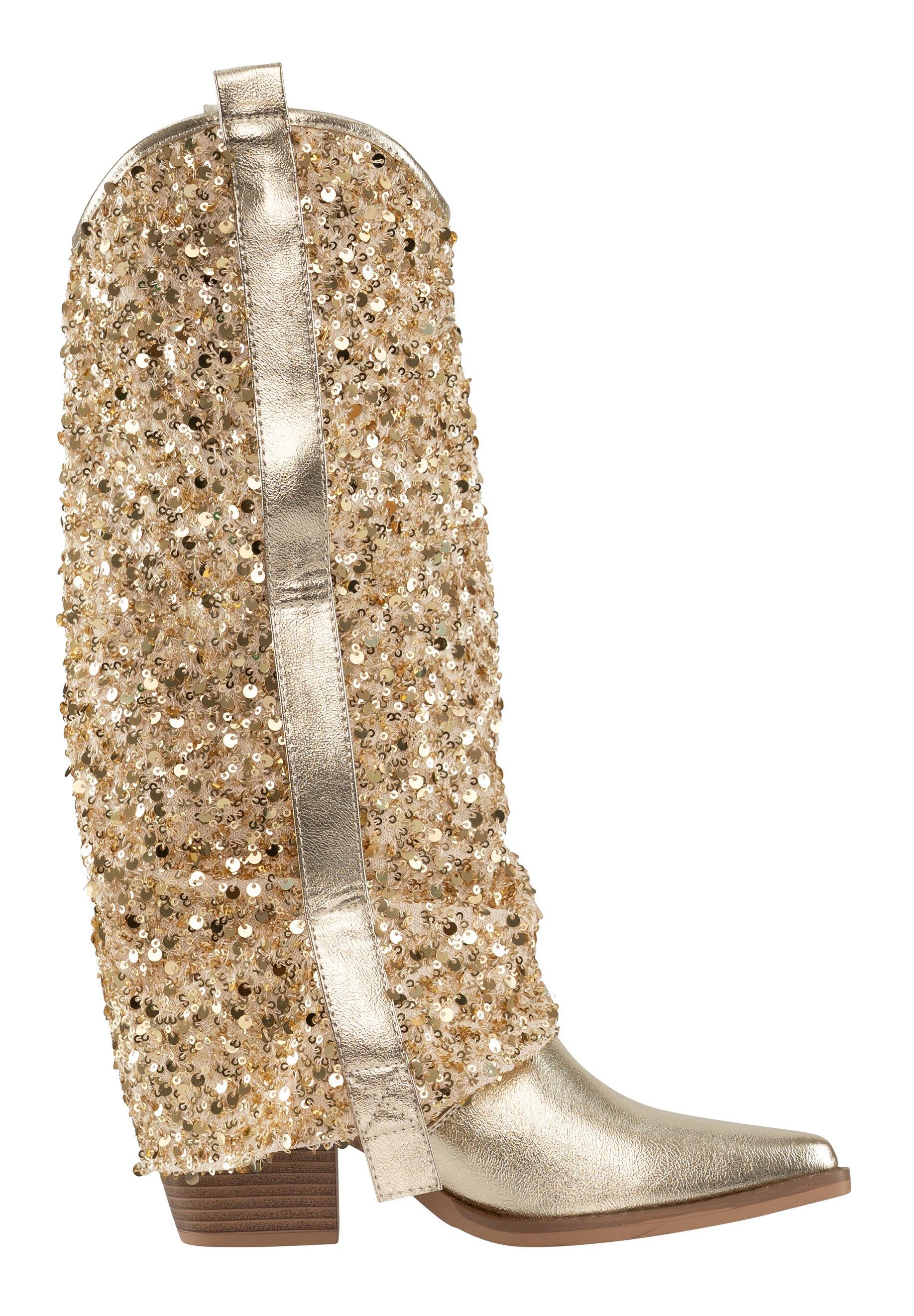 Salinyang Pailletten Stiefel Damen Cowboy Boots Kunstleder Stiefel Glitzer Look Stiefel