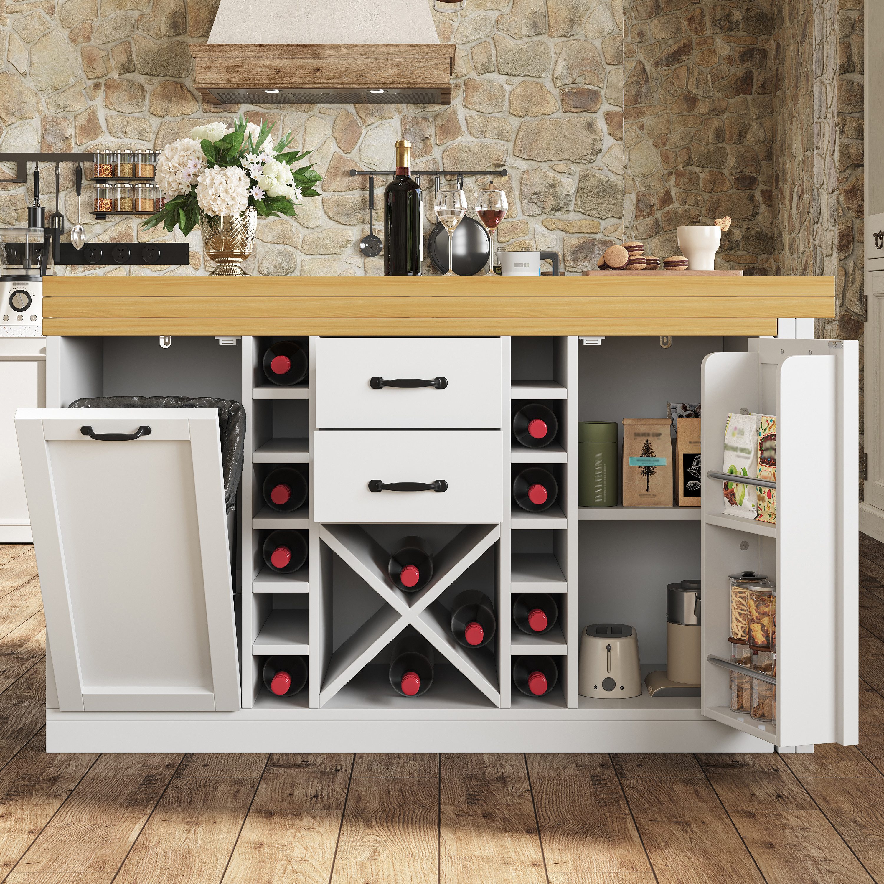 Flieks Kücheninsel mit 360° drehbarer und klappbarer Esstisch, (Holzoptik Tischplatte Tiefe 40-80cm, Längenverstellbar 120-223cm), ausziehbarer Arbeitstisch & Mehrzweckschrank mit Mülleimerhalter Weiß