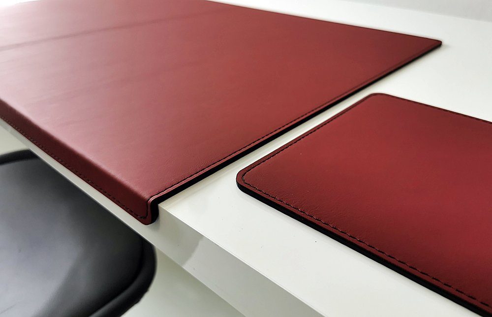 Profi Mats Schreibtischunterlage Gewinkelt mit Mauspad Echt Leder 90 x 48 Bordeaux Weinrot
