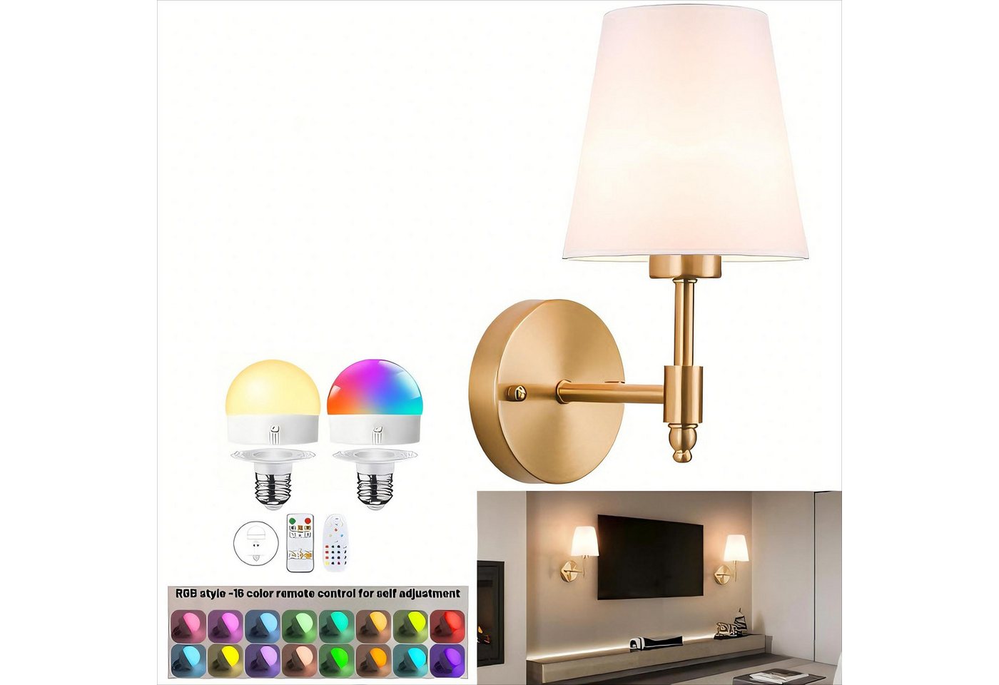 POPOLIC LED Wandleuchte Stoff Kabellose Wandleuchten,Retro Gold Wandlampen mit 1 Glühbirnen, LED wechselbar, Stoff Wandbeleuchtung E26/E27,für Wohnzimmer, Waschtisch, Badezimmer