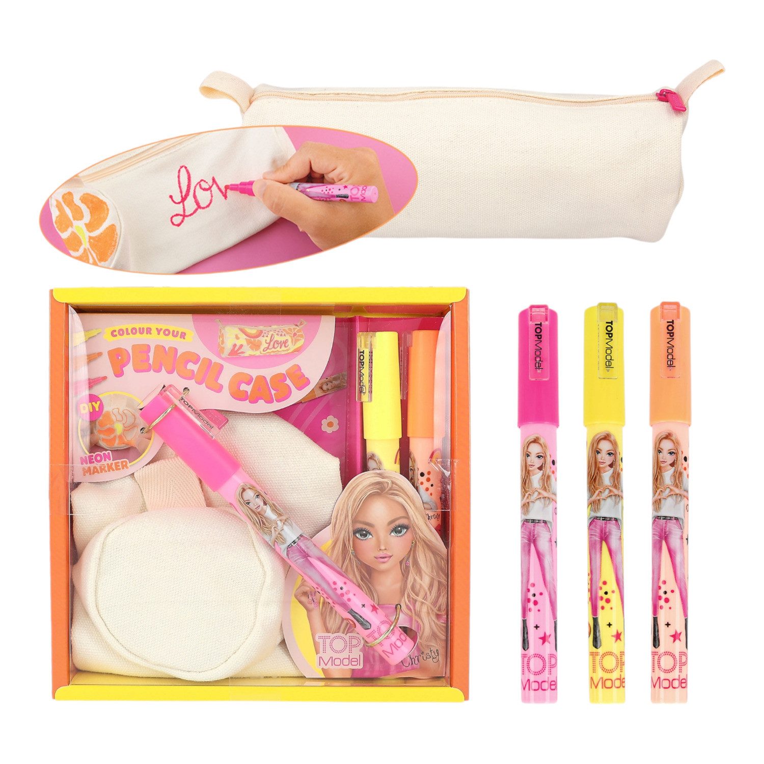 TOPModel Federmäppchen TOPModel DIY Mäppchen zum Selbstbemalen mit 3 Neon-Markern