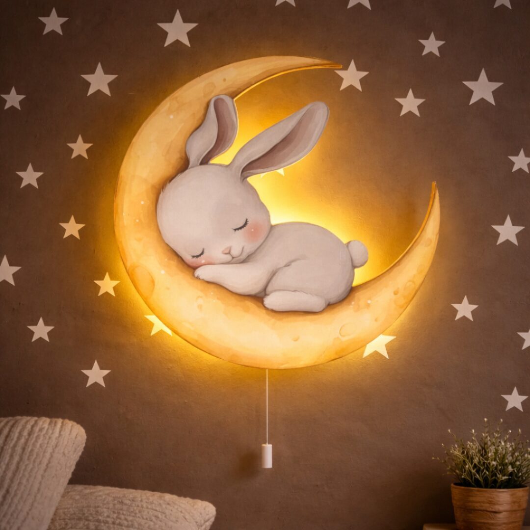 COZYCOLLECTIONS LED Wandleuchte LED-Wandnachtlicht Hase auf Mond 33 cm, LED, Warmweiß, Montessori-inspiriertes Nachtlicht für ruhige Abendrituale