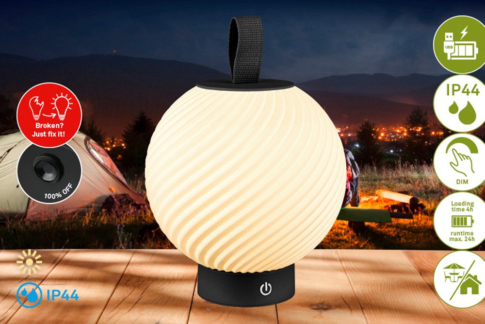 Briloner Leuchten LED Tischleuchte GLOBE, LED fest integriert, 18x25 cm, Akku tauschbar, Indoor/Outdoor, Wohnzimmer, Balkon