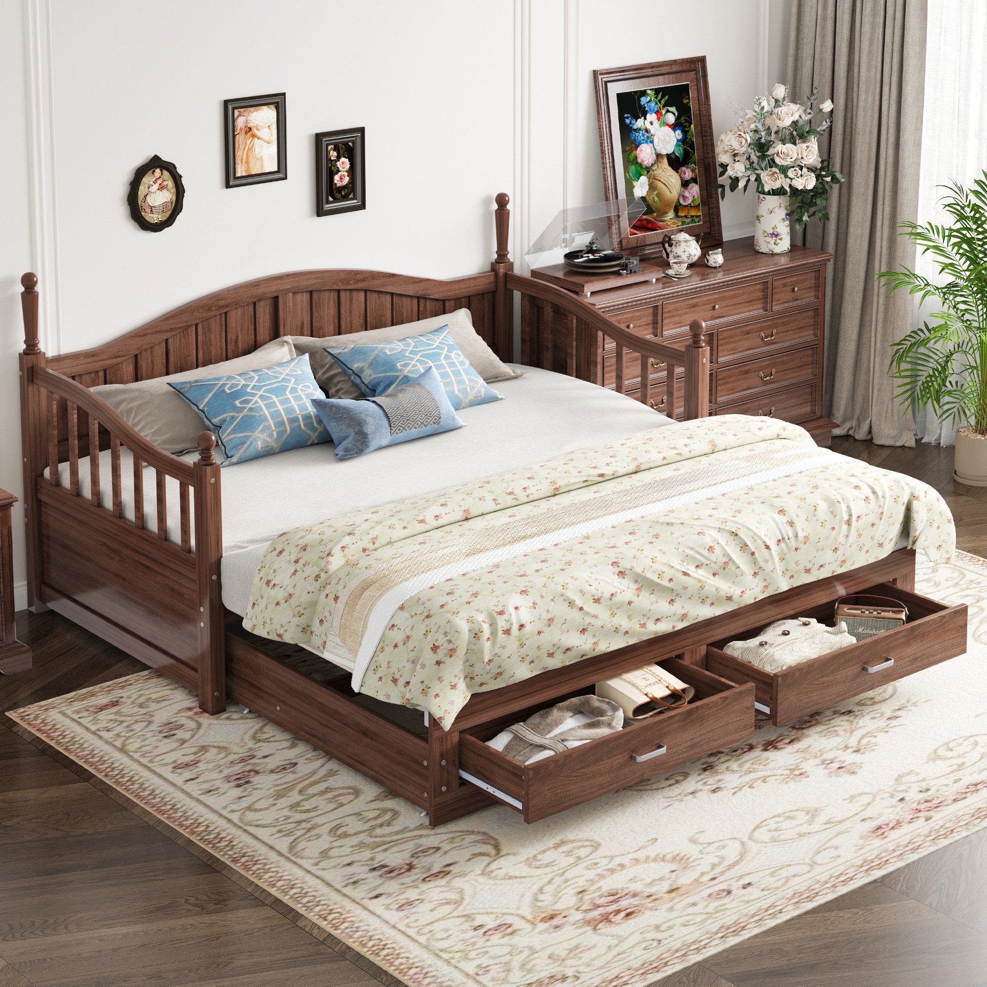OKWISH Schlafsofa Holzbett mit Kiefernbett, Schubladen und Ausziehbett, Aus günstig online kaufen