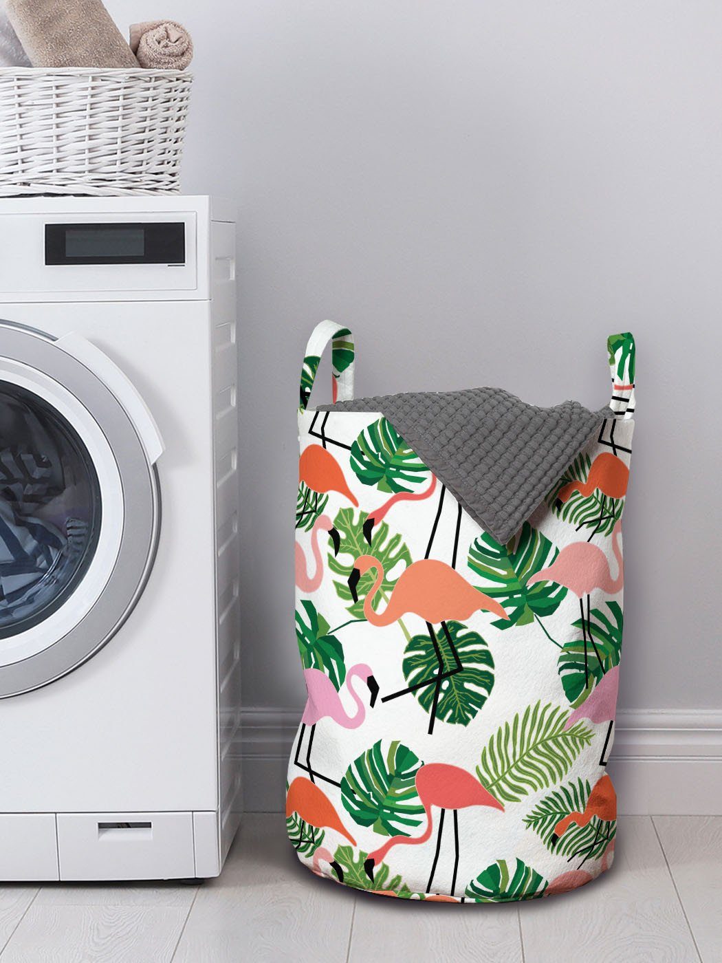 Hipster Waschsalons, Griffen Wäschekorb Wäschesäckchen mit Flamingo Kordelzugverschluss für Monstera Abakuhaus Tropisch