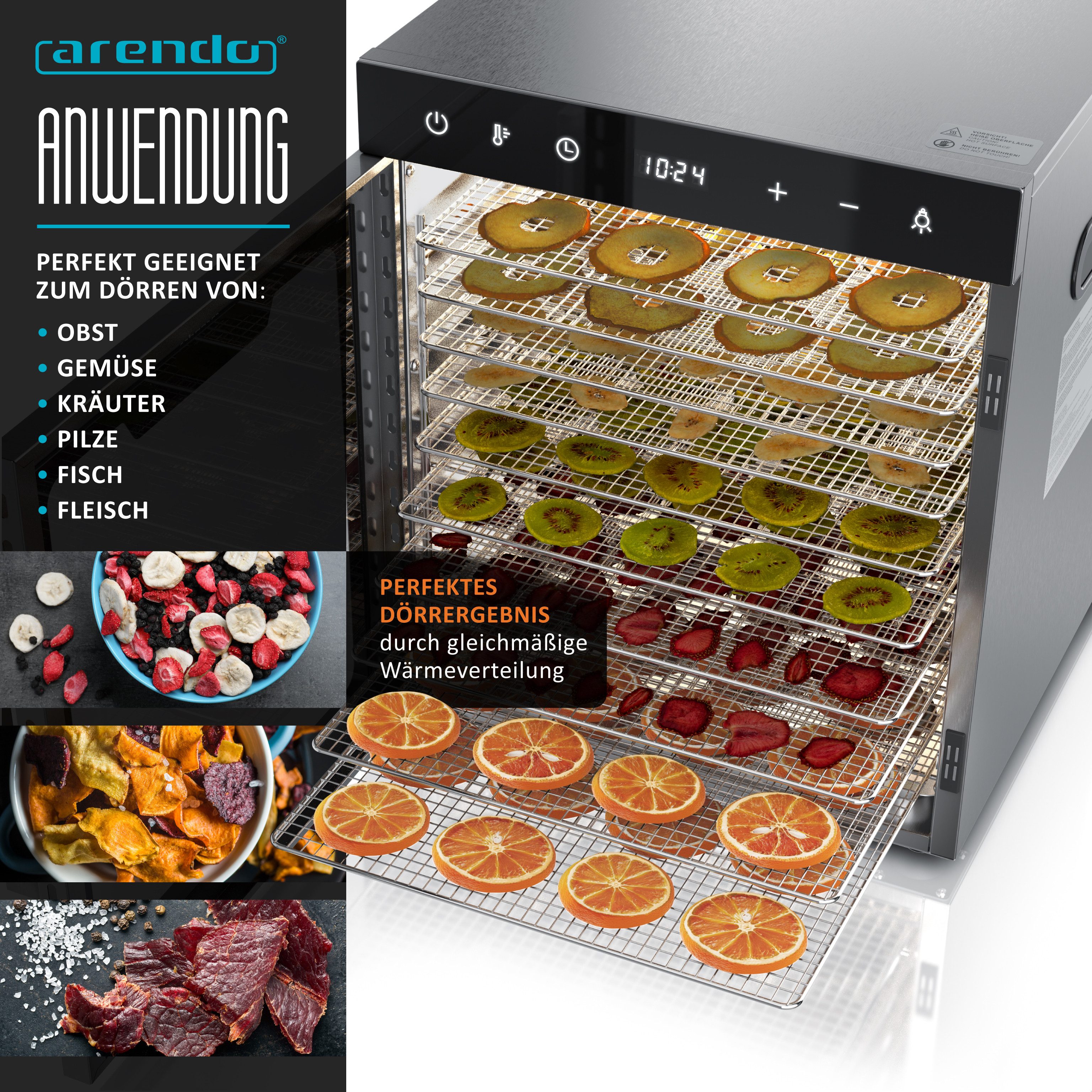Arendo Dörrautomat Edelstahl, Temperaturregler von 30° bis 90°C, Dörrgerät, Dehydrator, 800 W, 10 Etagen, Obst, Fisch, Fleisch Dörrapparat, Obsttrockner, Timer 0,5-24 Stunden