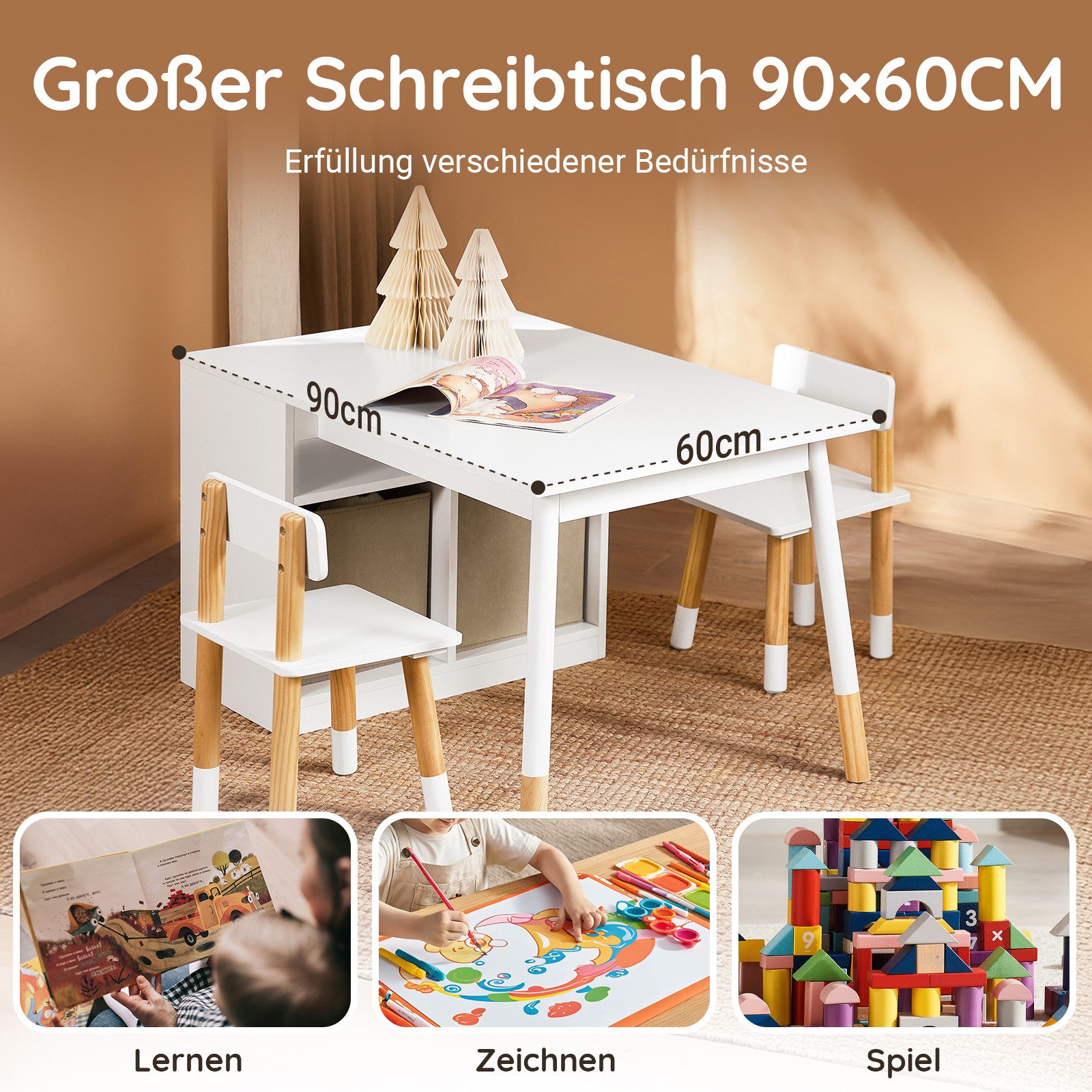 SoBuy Kindersitzgruppe KMB113, Kindertisch Zeichentisch mit 2 Stühlen, 2 Aufbewahrungskörben, Kindertisch mit 2 Stühlen Spieltisch Kinder Tisch Stuhl Set