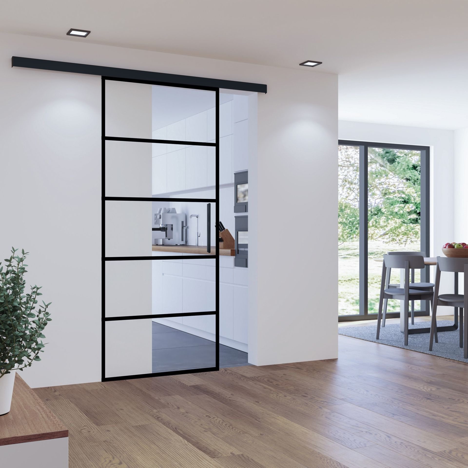 inova wohnen Glasschiebetür Klarglas mit schwarzen Streifen, 88 x 203,5 cm (Komplett Set, inkl. Schienensystem und Stabgriff), Softclose-Funktion wählbar