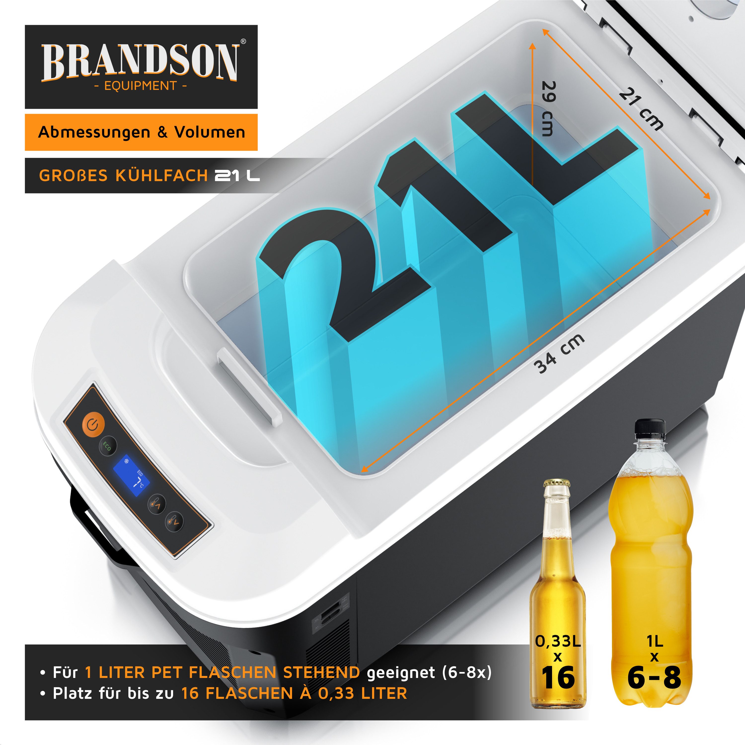 Brandson Elektrische Kühlbox 21 L, Kühlt & hält Warm, von -18 bis +65°C,  Sichtfensterdeckel, 21 l, LCD-Display, ECO-Modus, Tragegurt, mobil und leise, für Camping, Auto