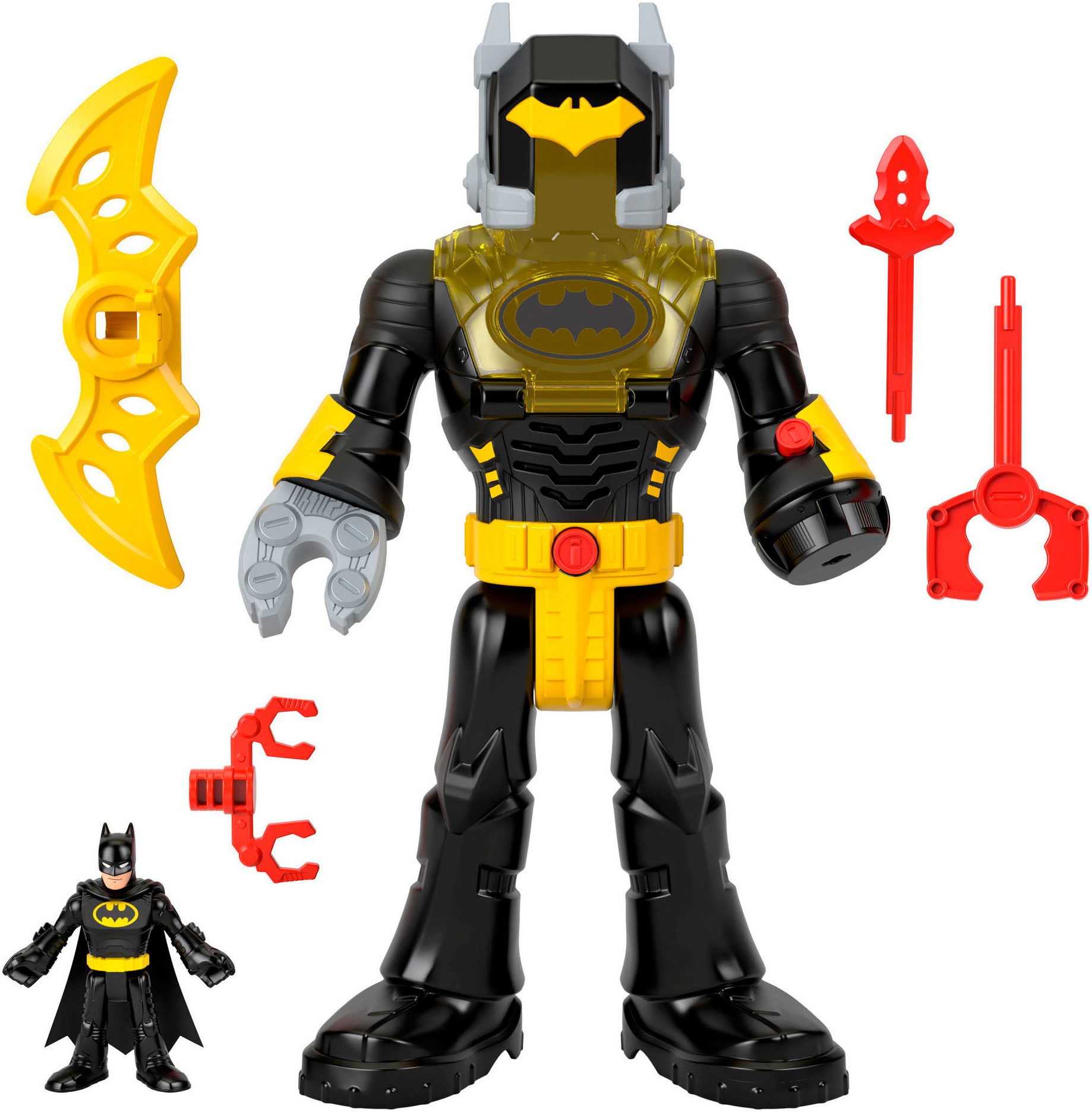 Mattel® Actionfigur Imaginext DC Super Friends einsetzbarer Batman mit Exo-Anzug Roboter, (6-tlg), mit Licht und Sound sowie 4 Kampfzubehörteilen